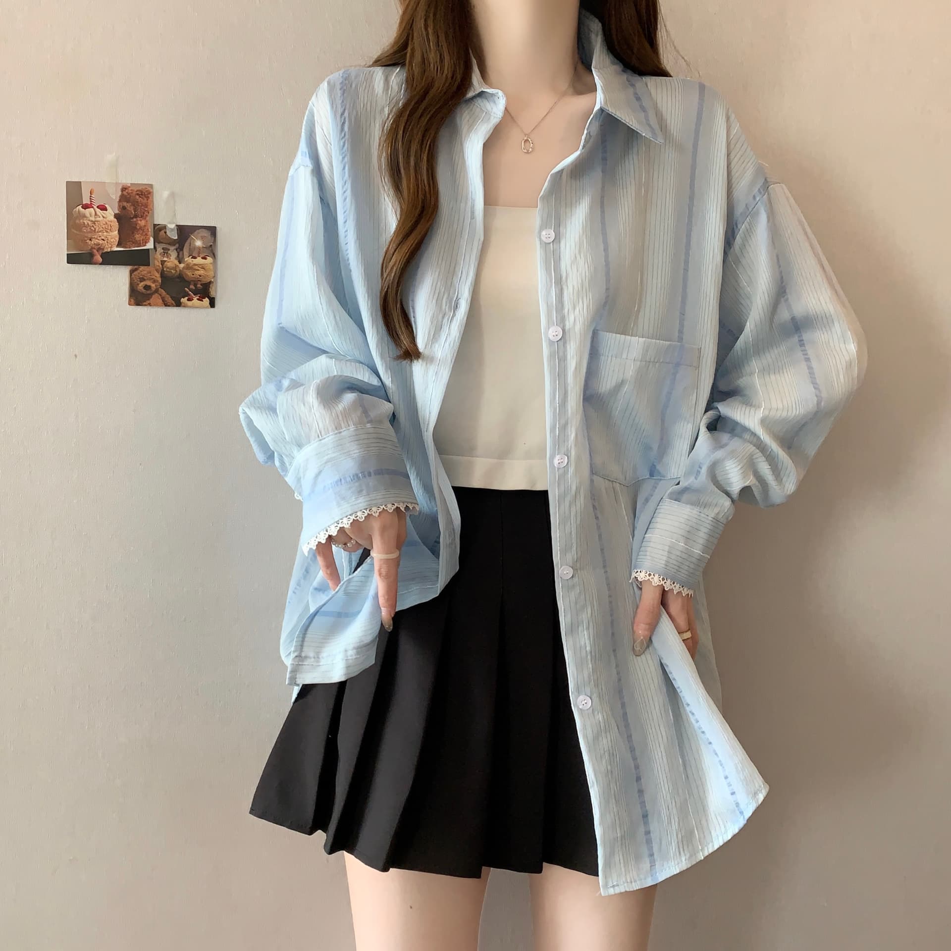 디자인 센스 레이스 조각 홀로우 아웃 긴팔 자외선 차단 여성 셔츠 지방 mm 루즈핏 캐주얼 얇은 스타일 맨위 재킷 다용도 상세 이미지 3