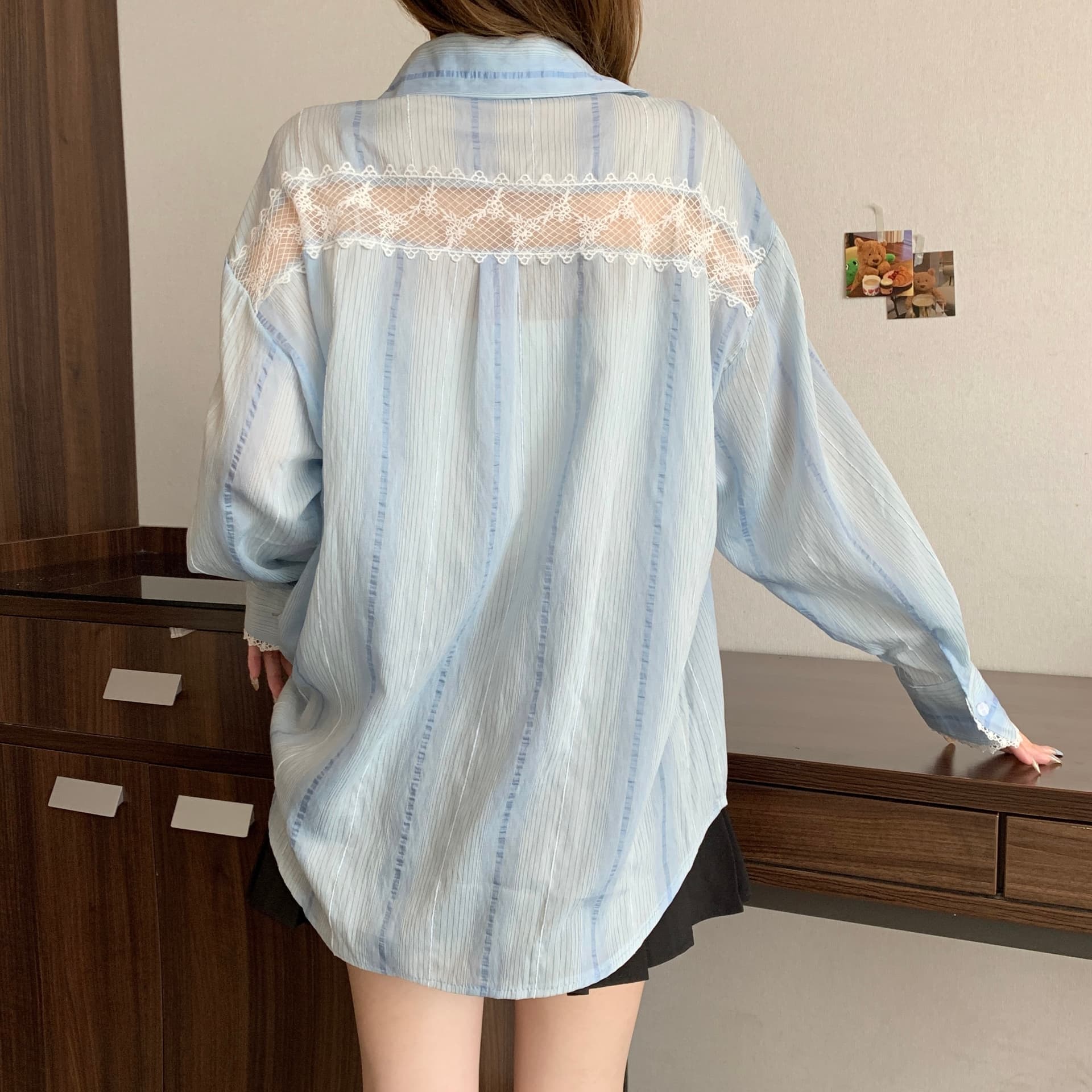 디자인 센스 레이스 조각 홀로우 아웃 긴팔 자외선 차단 여성 셔츠 지방 mm 루즈핏 캐주얼 얇은 스타일 맨위 재킷 다용도 상세 이미지 10