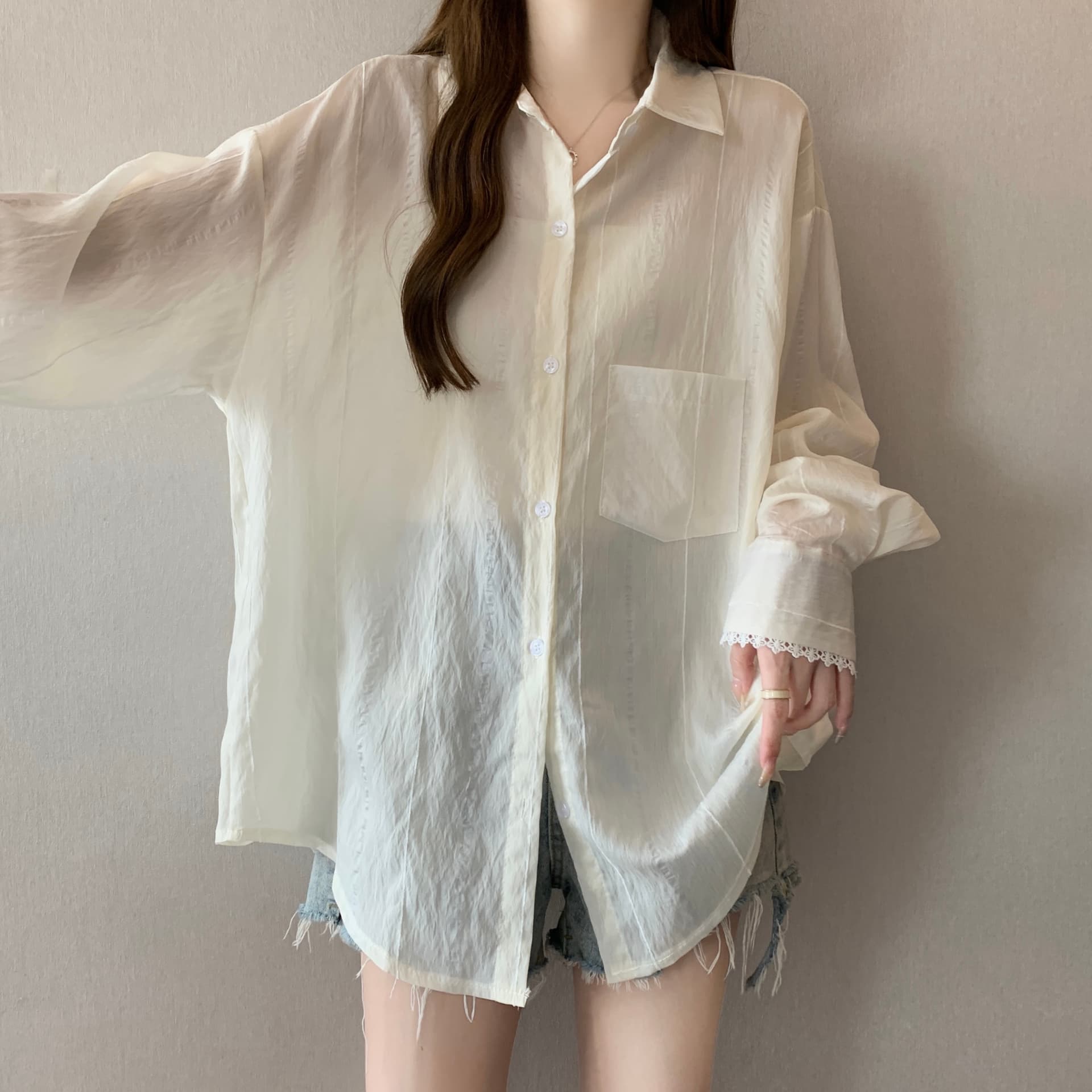 디자인 센스 레이스 조각 홀로우 아웃 긴팔 자외선 차단 여성 셔츠 지방 mm 루즈핏 캐주얼 얇은 스타일 맨위 재킷 다용도 상세 이미지 15