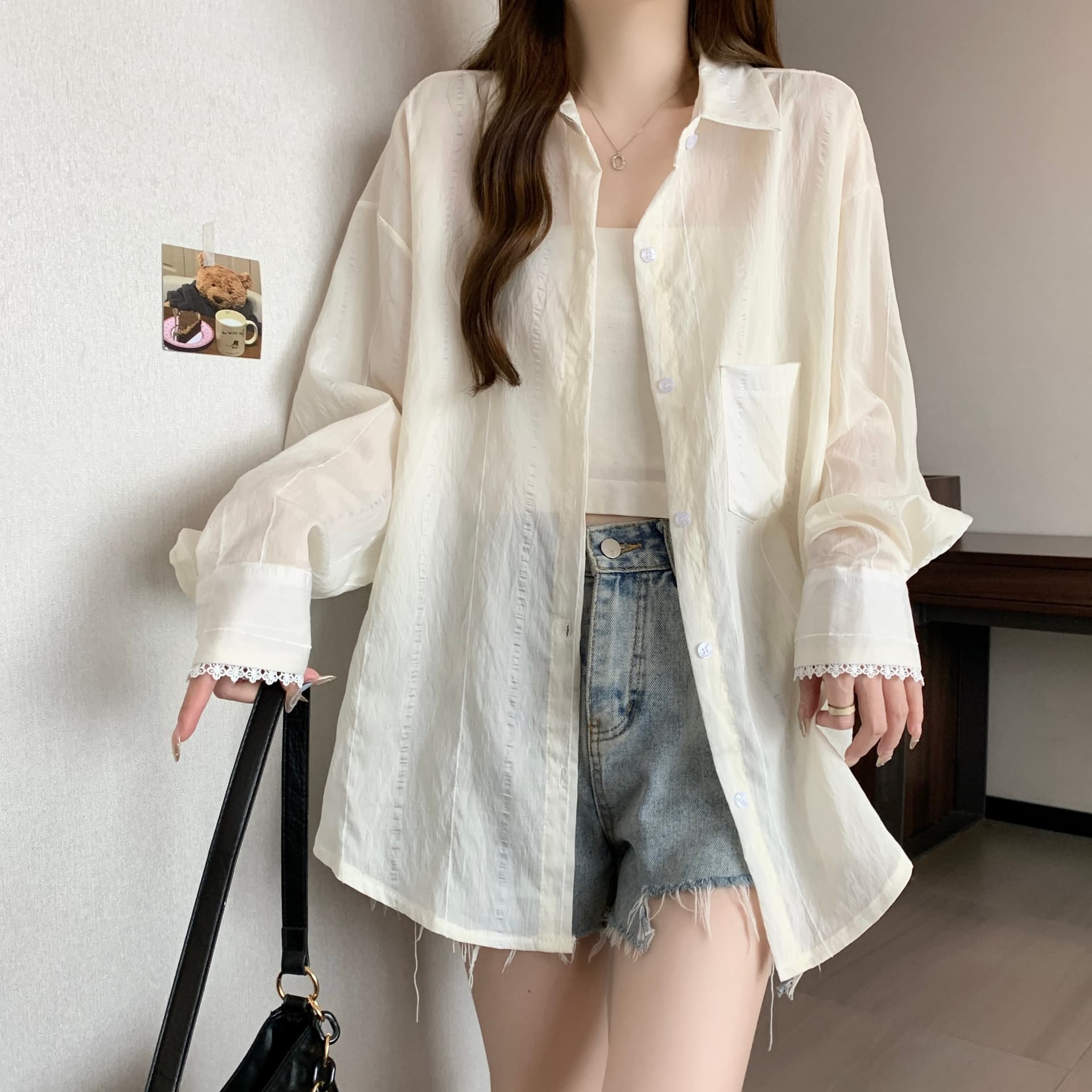 디자인 센스 레이스 조각 홀로우 아웃 긴팔 자외선 차단 여성 셔츠 지방 mm 루즈핏 캐주얼 얇은 스타일 맨위 재킷 다용도 상세 이미지 18