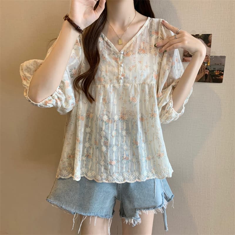 6651 빅 사이즈 실사 V넥 꽃무늬 달콤함 버블 반팔 맨위 셔츠 이미지 5