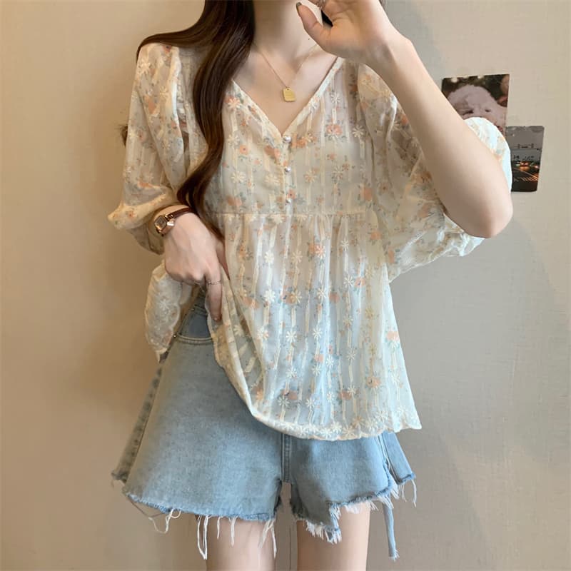 6651 빅 사이즈 실사 V넥 꽃무늬 달콤함 버블 반팔 맨위 셔츠 상세 이미지 7