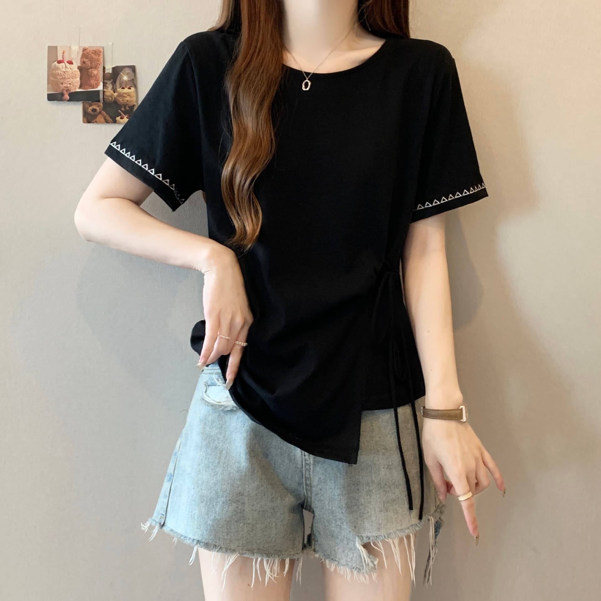 실사 여름 지방 mm 빅 사이즈 여성 라운드 넥 주름 3 차원 나비 매듭 티셔츠 자수 디자인 슬림해 보이는 맨위 순수한 욕망 바람 상세 이미지 21