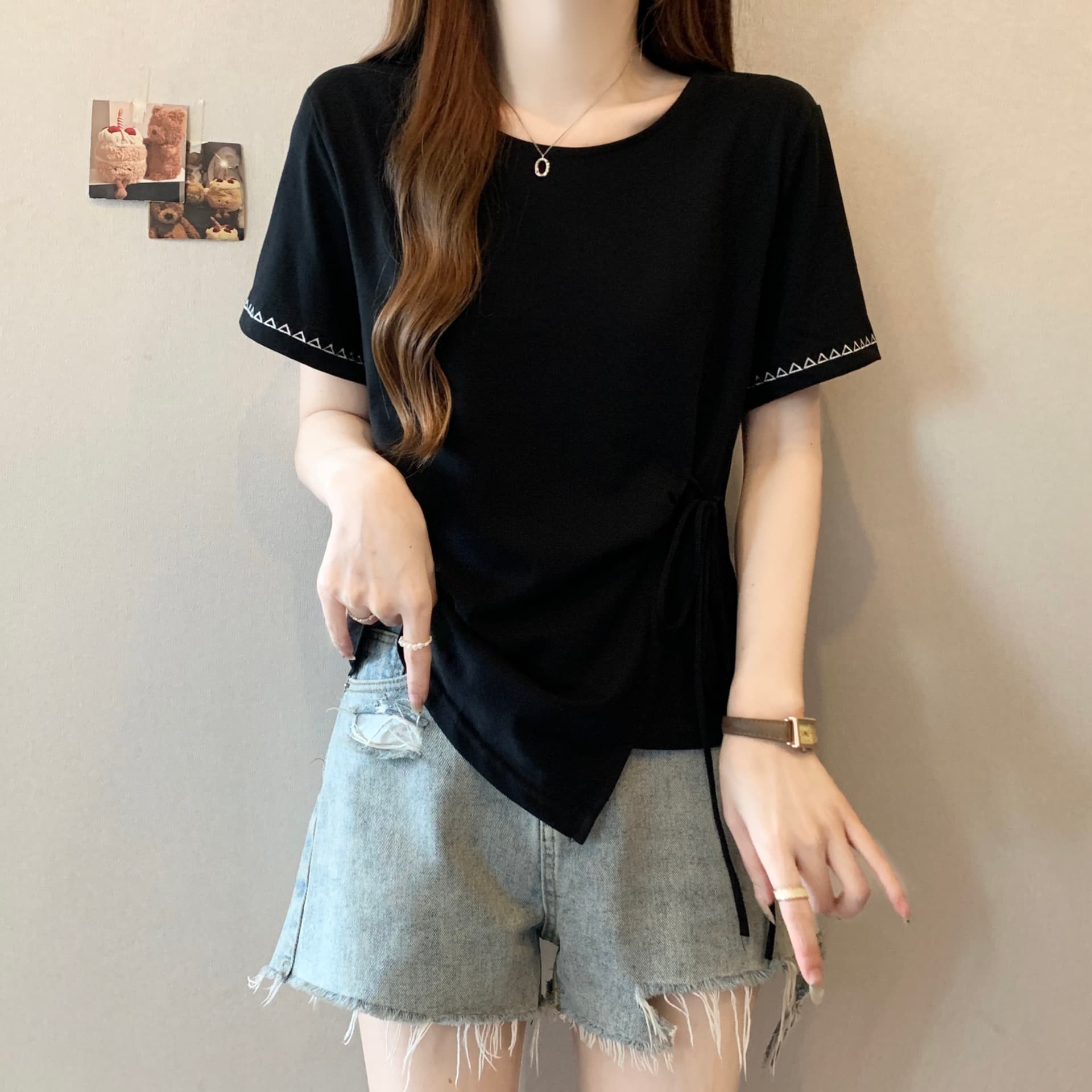 실사 여름 지방 mm 빅 사이즈 여성 라운드 넥 주름 3 차원 나비 매듭 티셔츠 자수 디자인 슬림해 보이는 맨위 순수한 욕망 바람 상세 이미지 23