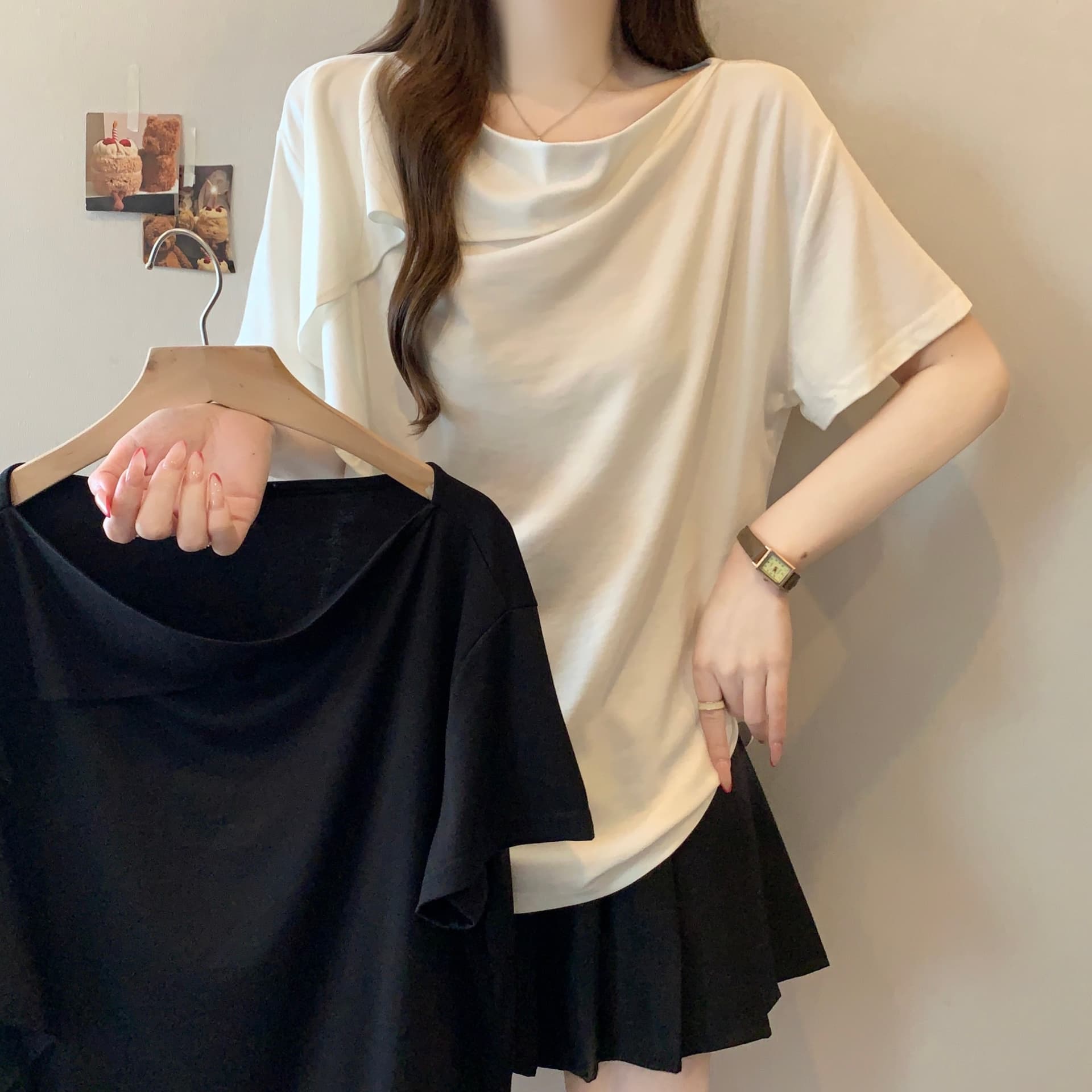 지방 mm 여름 새로운 품격 프릴 티셔츠 흔들다 칼라 맨위 디자인 센스 비대칭 레이스 장식 반팔 이미지 6