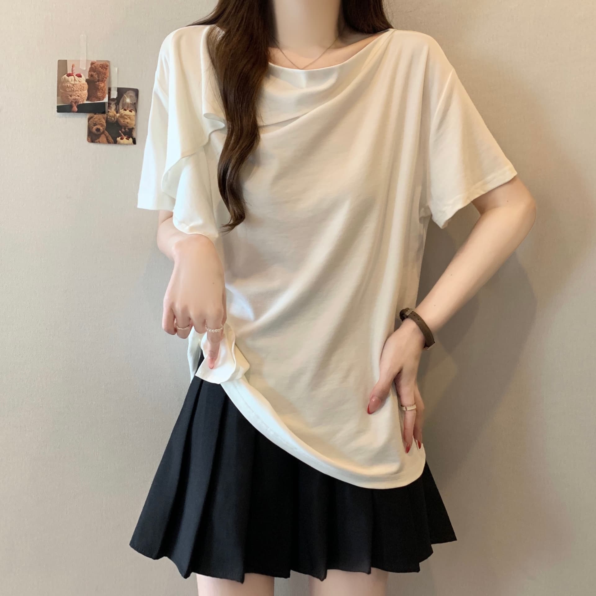 지방 mm 여름 새로운 품격 프릴 티셔츠 흔들다 칼라 맨위 디자인 센스 비대칭 레이스 장식 반팔 상세 이미지 4