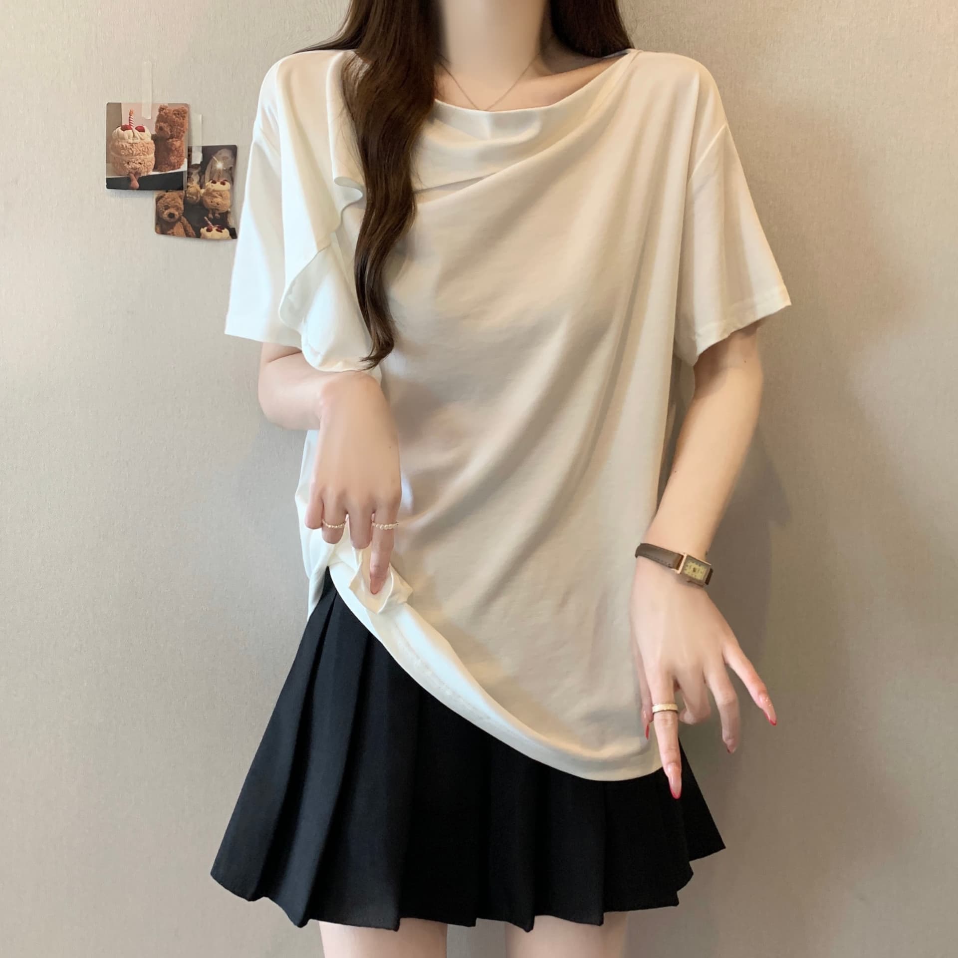 지방 mm 여름 새로운 품격 프릴 티셔츠 흔들다 칼라 맨위 디자인 센스 비대칭 레이스 장식 반팔 상세 이미지 5