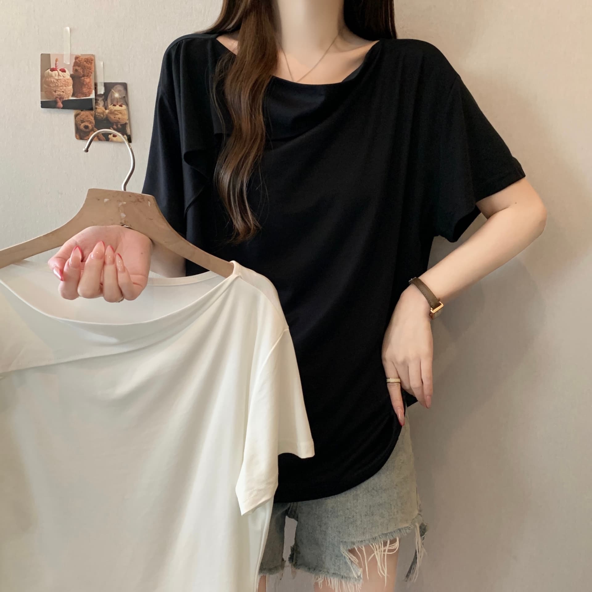 지방 mm 여름 새로운 품격 프릴 티셔츠 흔들다 칼라 맨위 디자인 센스 비대칭 레이스 장식 반팔 상세 이미지 11