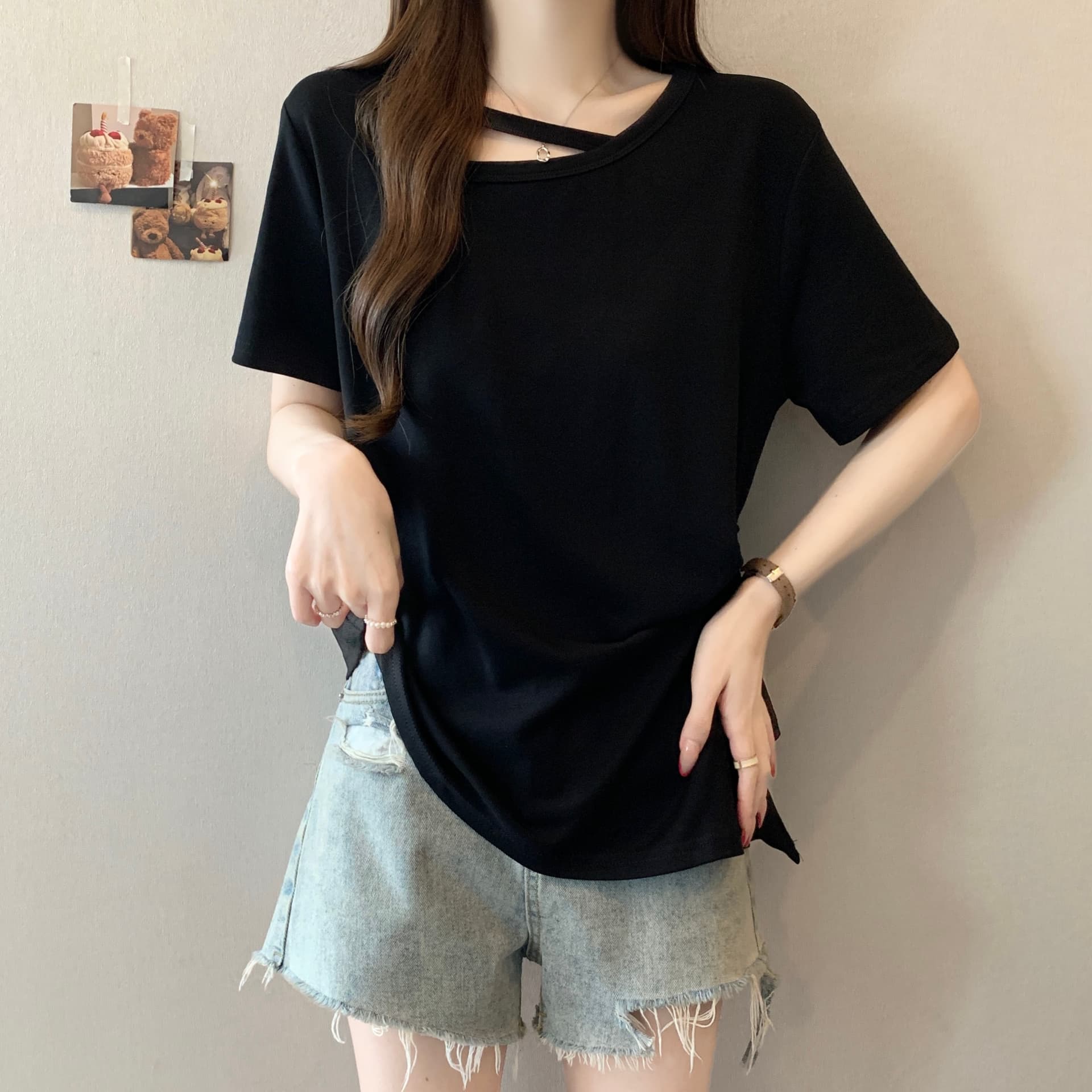 빅 사이즈 지방 mm 2026 비스듬한 언더 바르게 되다 어깨 작은 심장 기계 홀로우 아웃 패션 캐주얼 플리츠 허리 수축 반팔 맨위 티셔츠 상세 이미지 13