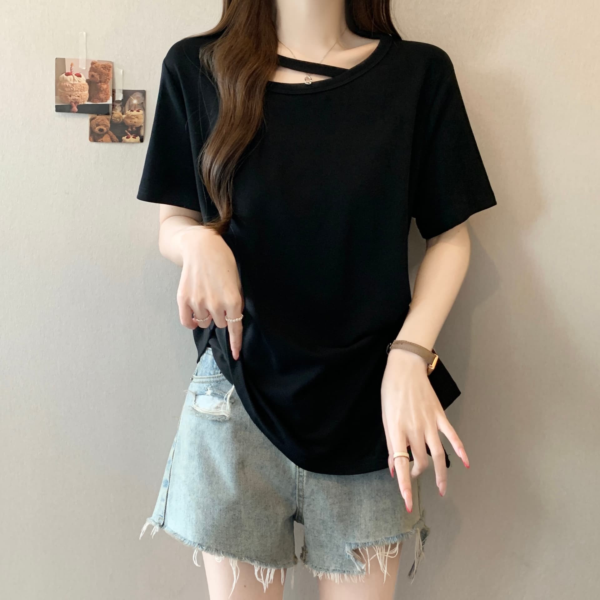 빅 사이즈 지방 mm 2026 비스듬한 언더 바르게 되다 어깨 작은 심장 기계 홀로우 아웃 패션 캐주얼 플리츠 허리 수축 반팔 맨위 티셔츠 상세 이미지 14