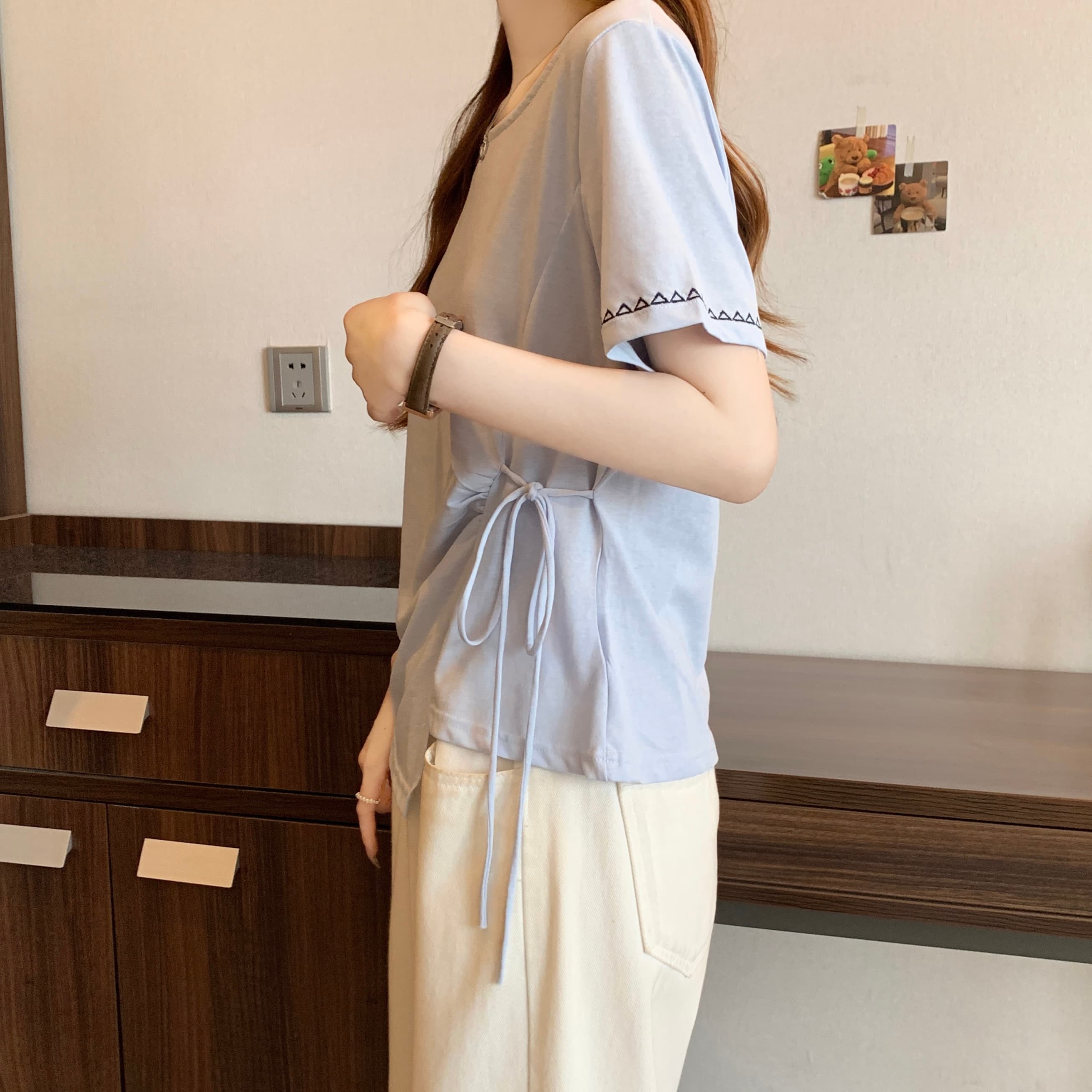 실사 여름 지방 mm 빅 사이즈 여성 라운드 넥 주름 3 차원 나비 매듭 티셔츠 자수 디자인 슬림해 보이는 맨위 순수한 욕망 바람 상세 이미지 8