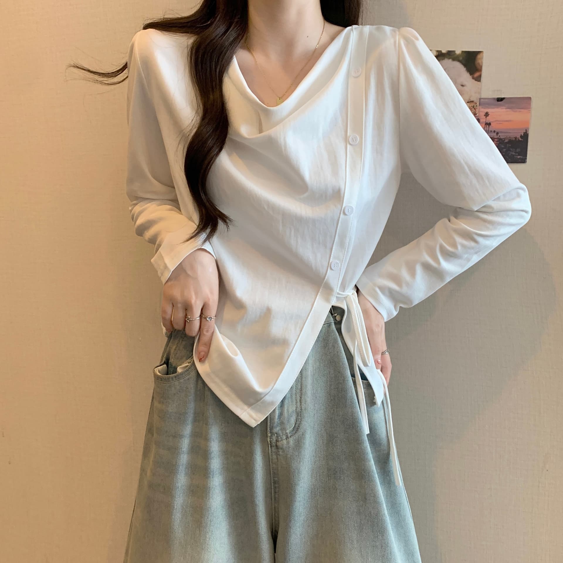 실사 빅 사이즈 지방 mm 긍정적 인 어깨 긴팔 티셔츠 슬림해 보이는 표지 고기 이른 가을 새로운 불규칙 흔들다 칼라 맨위 상세 이미지 4