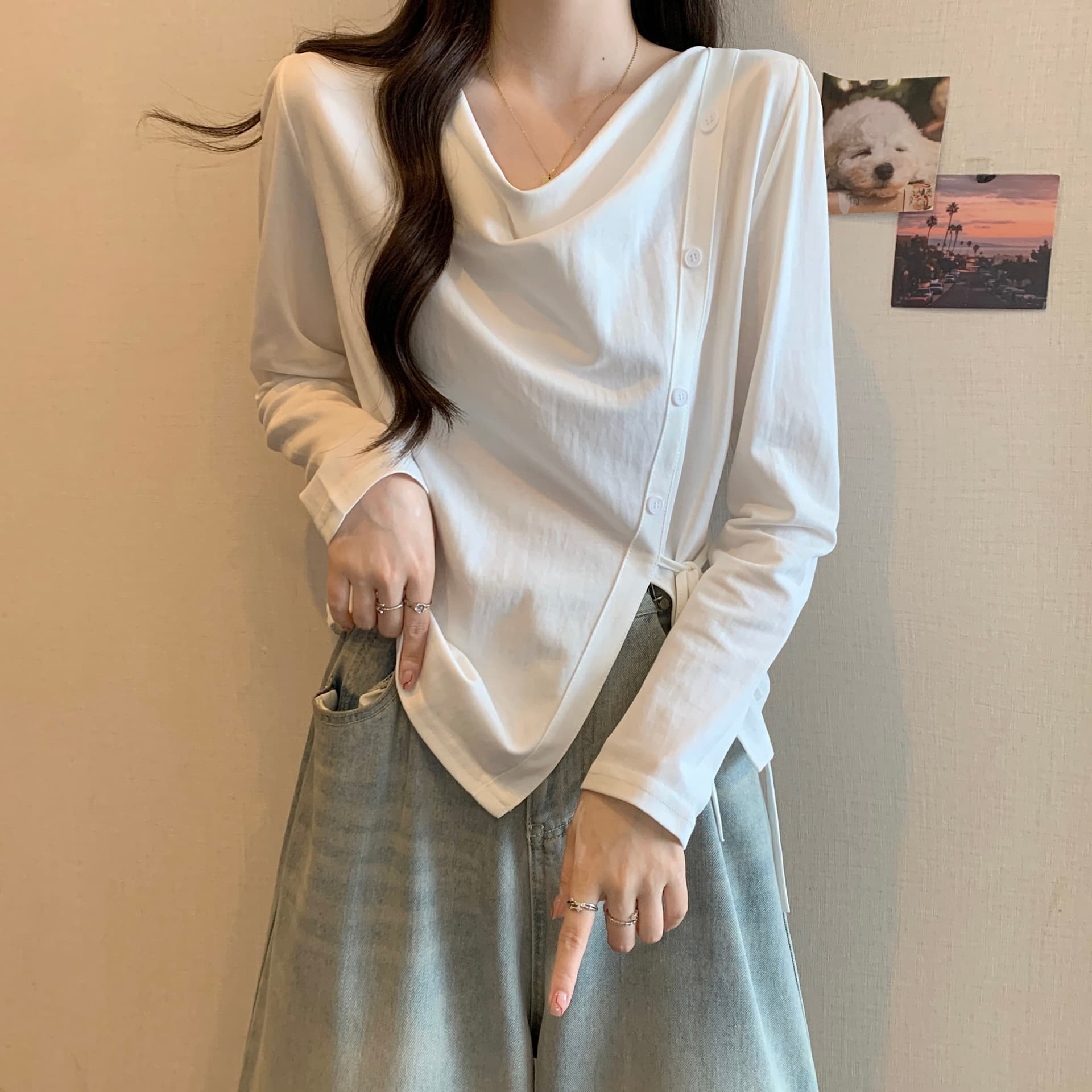 실사 빅 사이즈 지방 mm 긍정적 인 어깨 긴팔 티셔츠 슬림해 보이는 표지 고기 이른 가을 새로운 불규칙 흔들다 칼라 맨위 상세 이미지 5