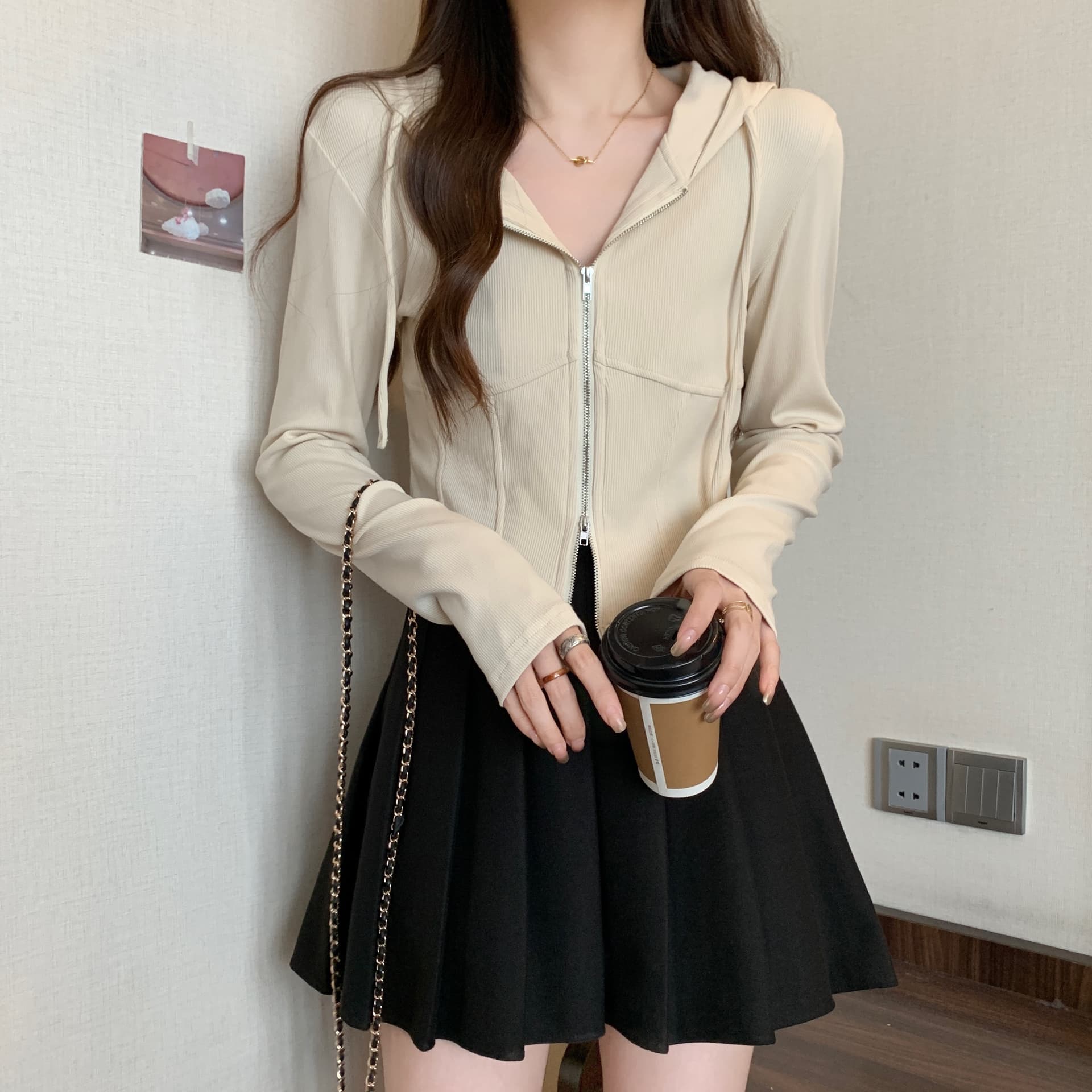 실사 빅 사이즈 가을 새로운 후드 긴팔 오픈 가디건 여성 코트 몸매 가꾸기 슬림해 보이는 생선뼈 쇼트 스타일 지퍼 맨위 상세 이미지 4