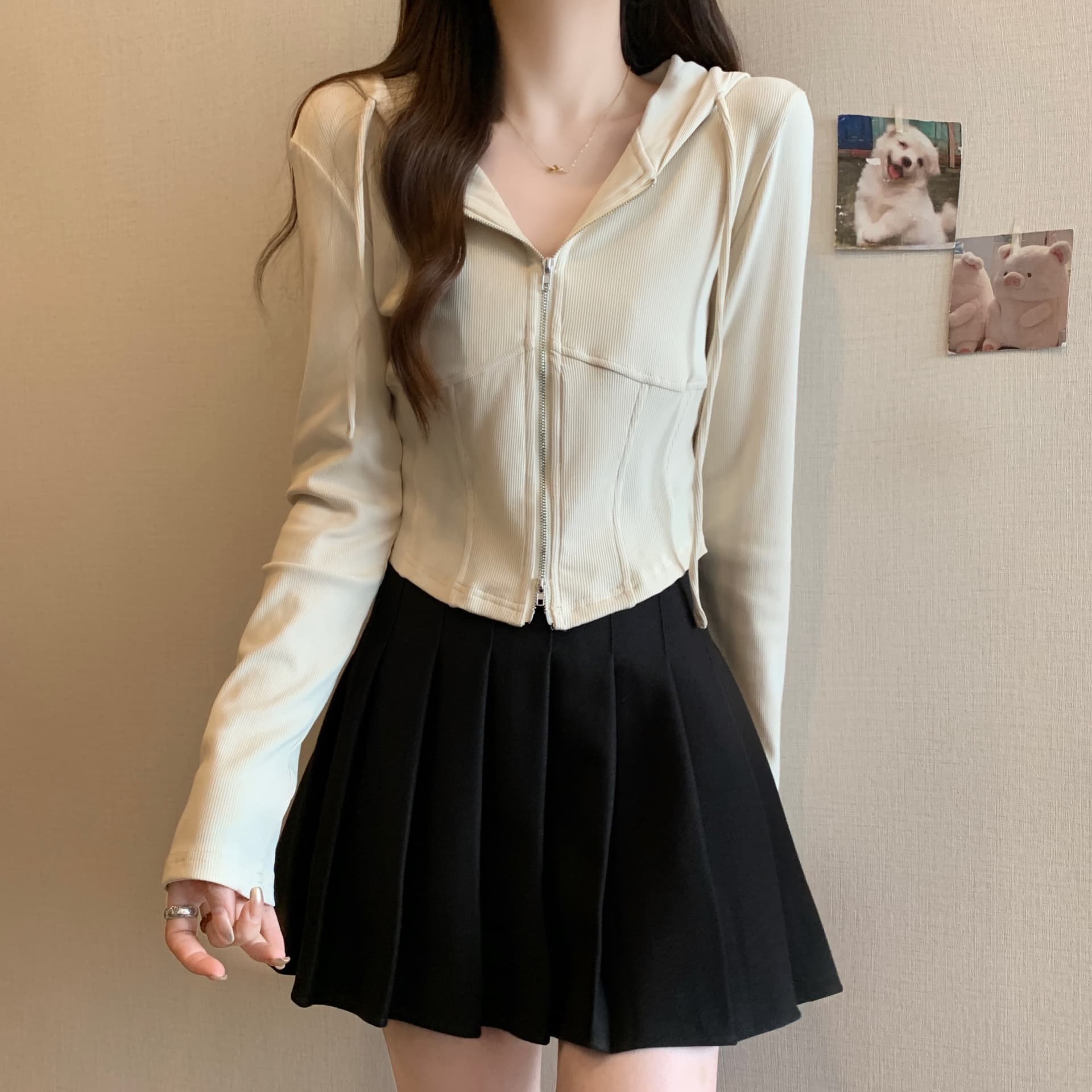 실사 빅 사이즈 가을 새로운 후드 긴팔 오픈 가디건 여성 코트 몸매 가꾸기 슬림해 보이는 생선뼈 쇼트 스타일 지퍼 맨위 상세 이미지 5