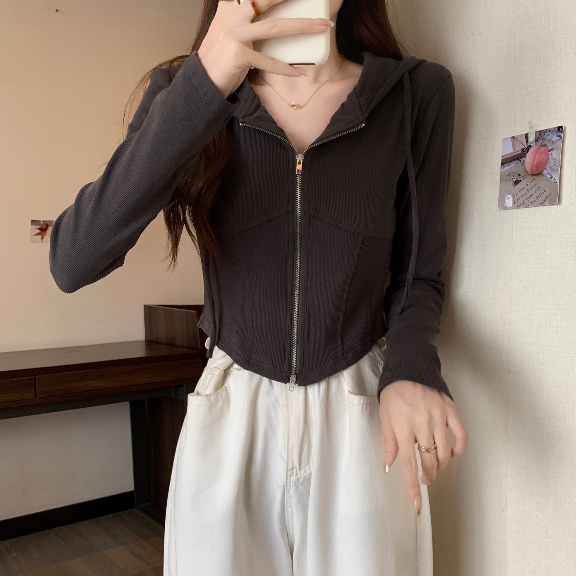 실사 빅 사이즈 가을 새로운 후드 긴팔 오픈 가디건 여성 코트 몸매 가꾸기 슬림해 보이는 생선뼈 쇼트 스타일 지퍼 맨위 상세 이미지 6