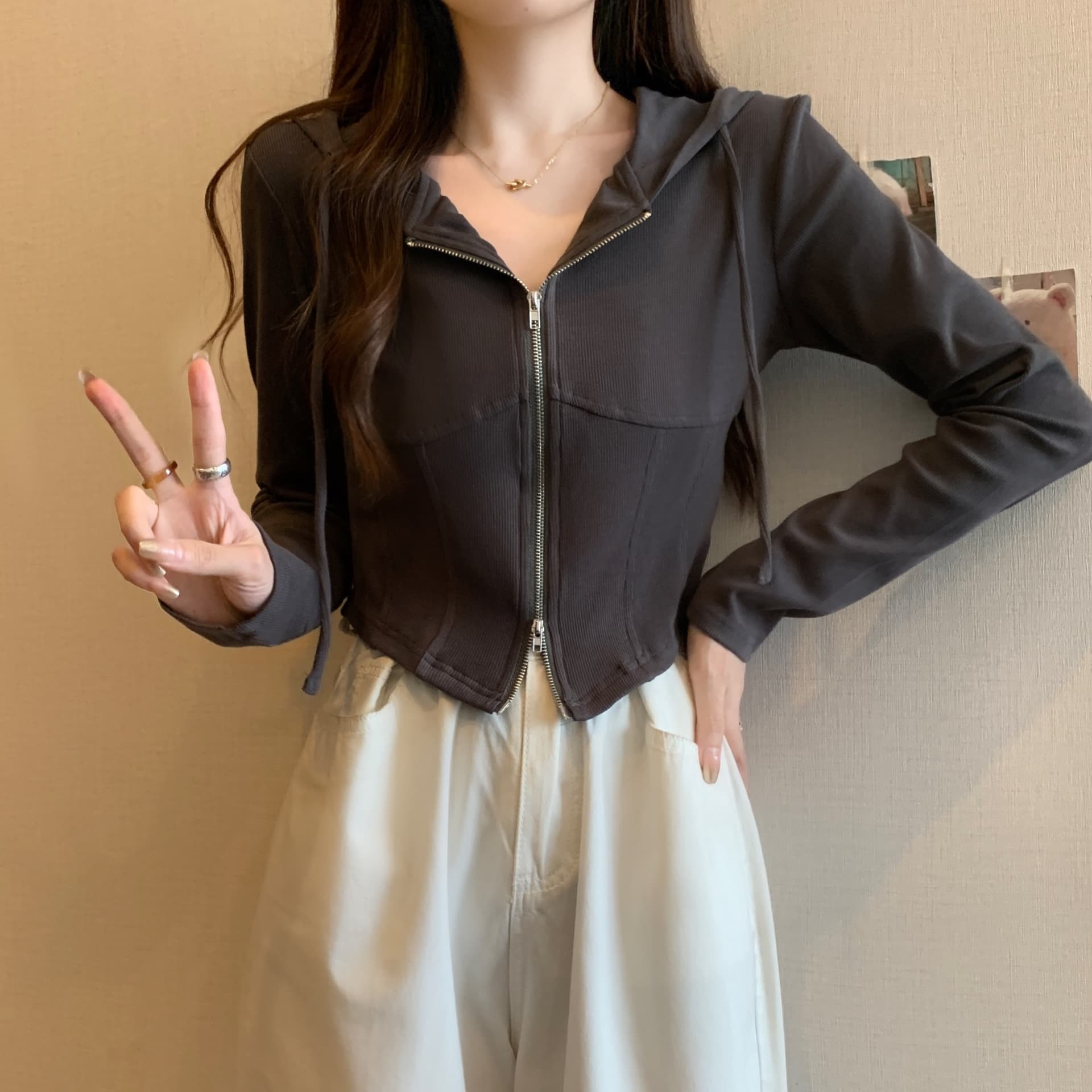 실사 빅 사이즈 가을 새로운 후드 긴팔 오픈 가디건 여성 코트 몸매 가꾸기 슬림해 보이는 생선뼈 쇼트 스타일 지퍼 맨위 상세 이미지 7