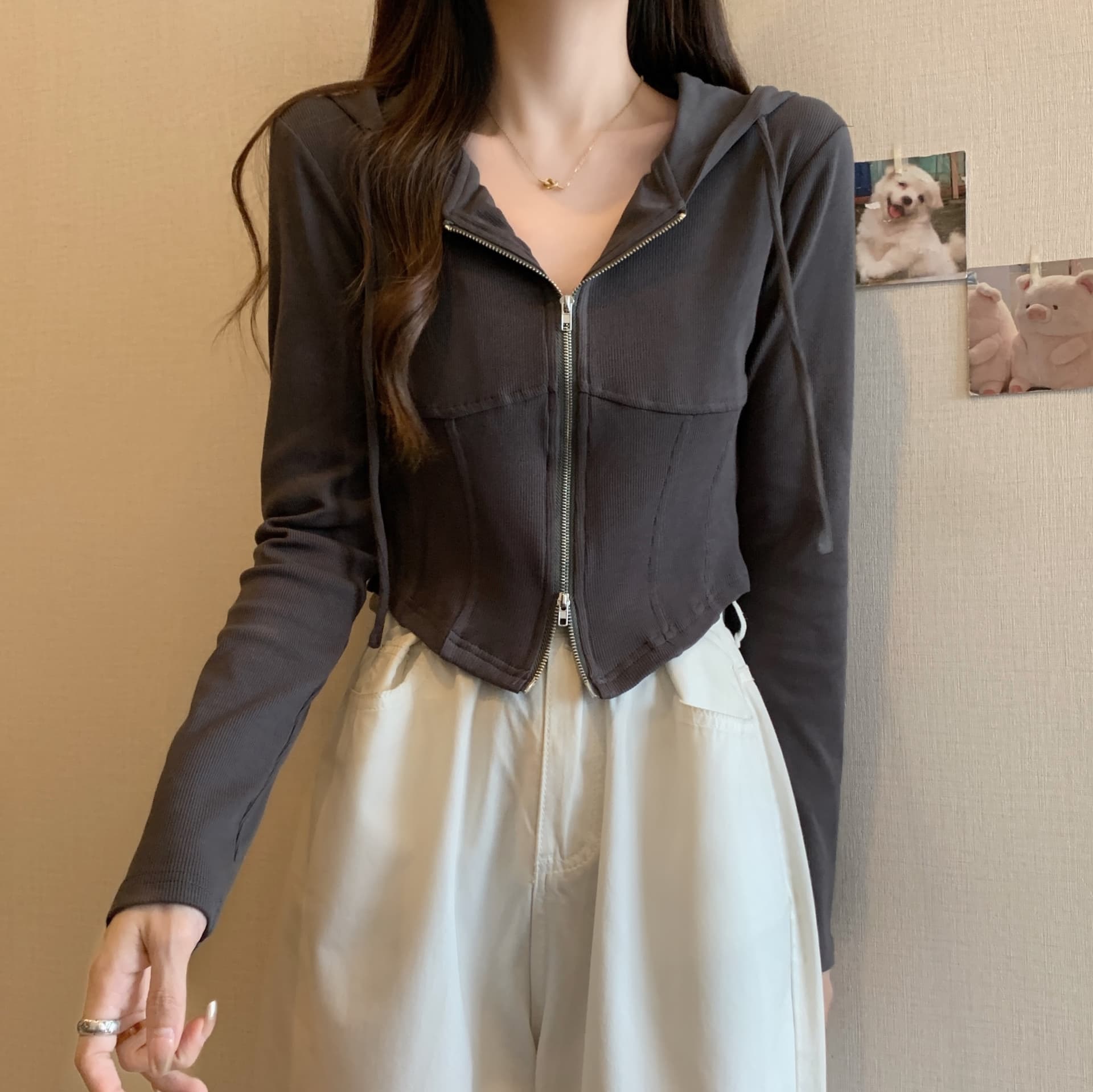 실사 빅 사이즈 가을 새로운 후드 긴팔 오픈 가디건 여성 코트 몸매 가꾸기 슬림해 보이는 생선뼈 쇼트 스타일 지퍼 맨위 상세 이미지 17