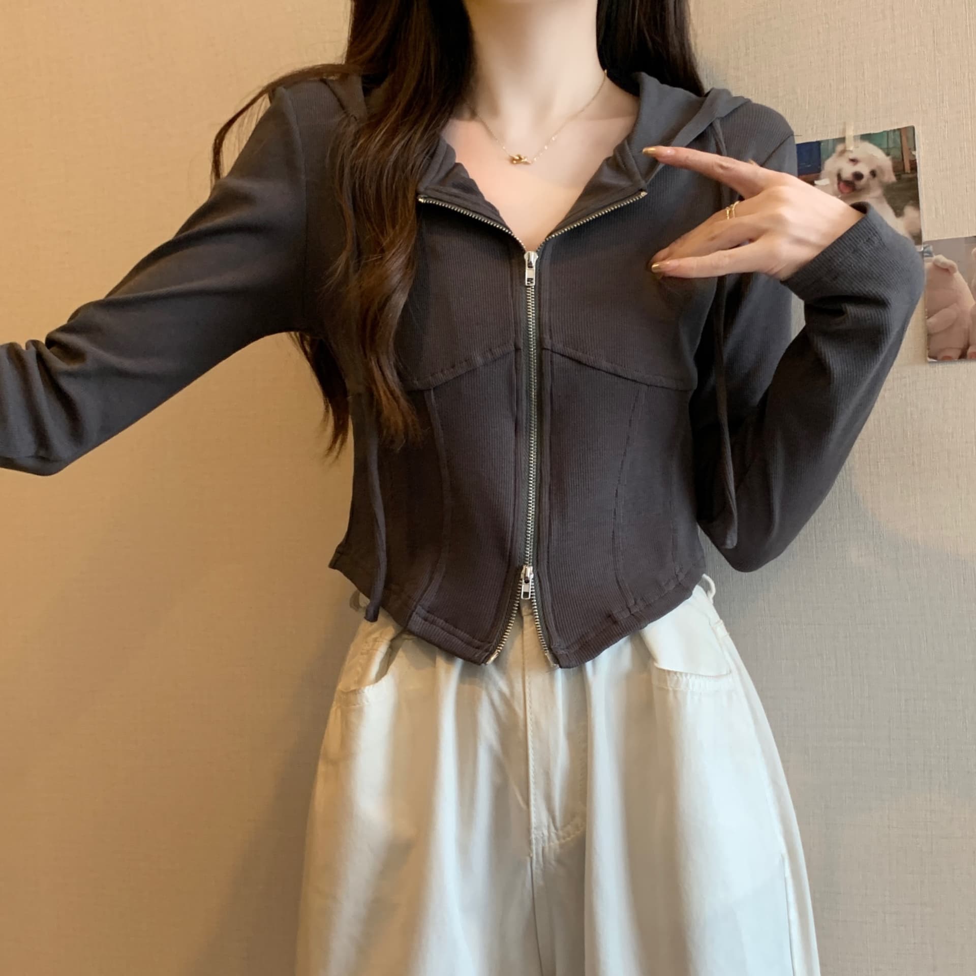 실사 빅 사이즈 가을 새로운 후드 긴팔 오픈 가디건 여성 코트 몸매 가꾸기 슬림해 보이는 생선뼈 쇼트 스타일 지퍼 맨위 상세 이미지 19