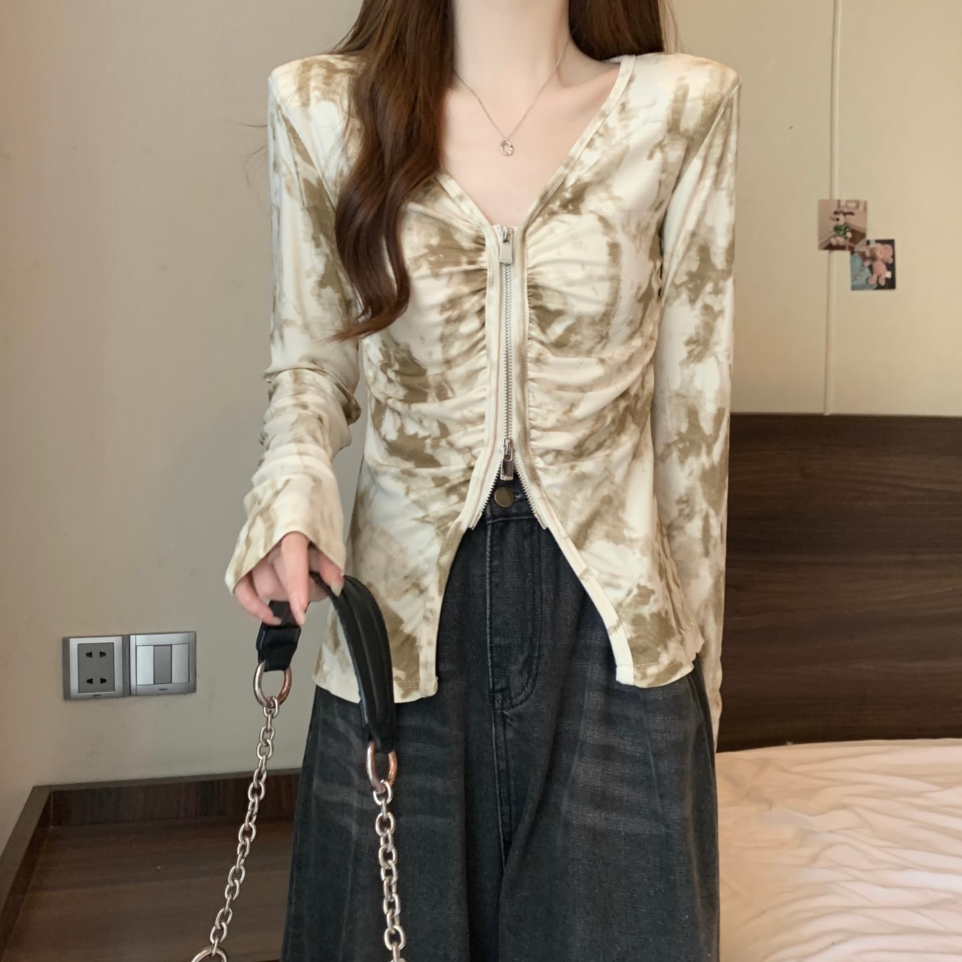 빅 사이즈 가을 의상 V넥 더블 머리 지퍼 슬림해 보이는 트임 불규칙 홀치기 염색 배색 니트 오픈 가디건 맨위 여성 트렌디 상세 이미지 17