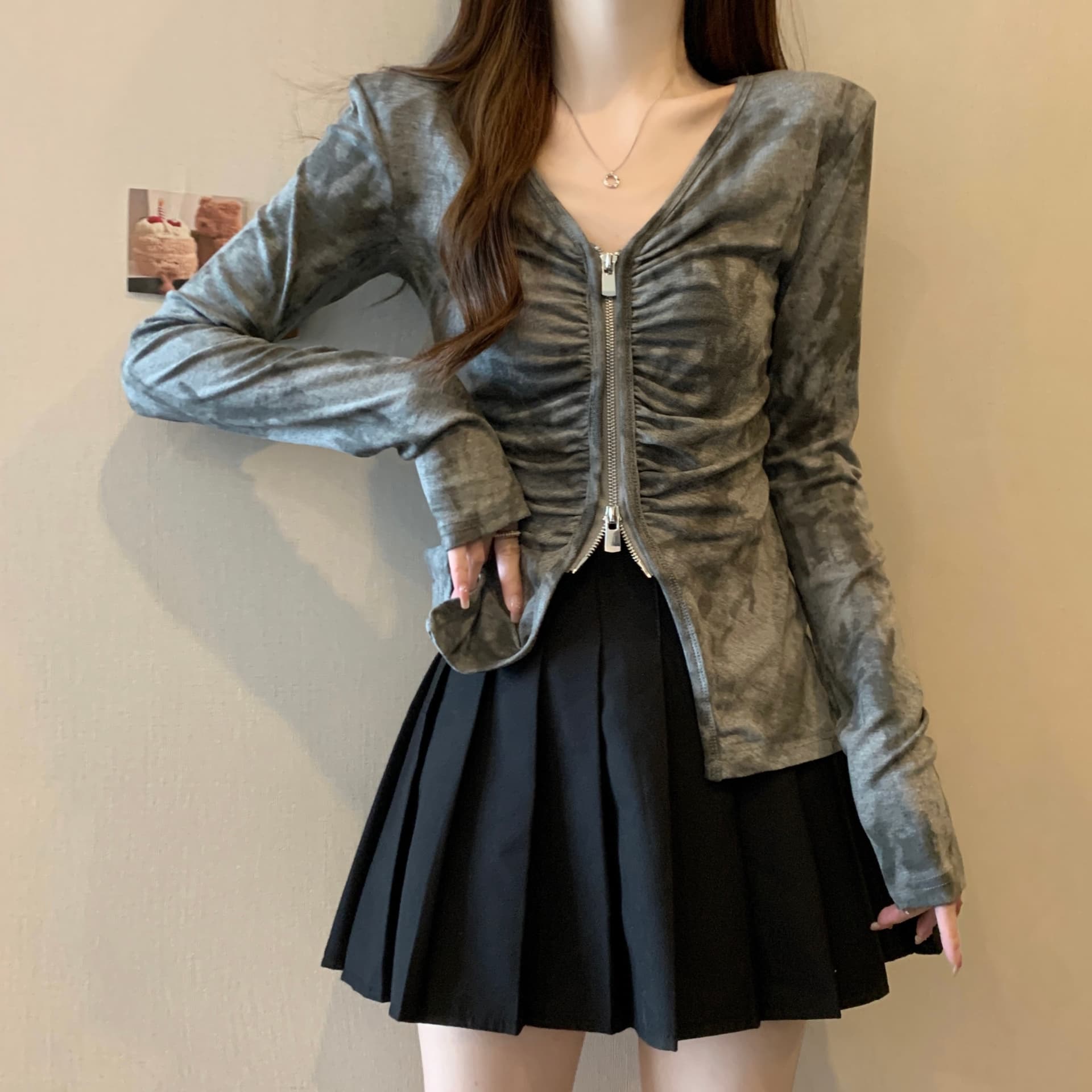 빅 사이즈 가을 의상 V넥 더블 머리 지퍼 슬림해 보이는 트임 불규칙 홀치기 염색 배색 니트 오픈 가디건 맨위 여성 트렌디 상세 이미지 19