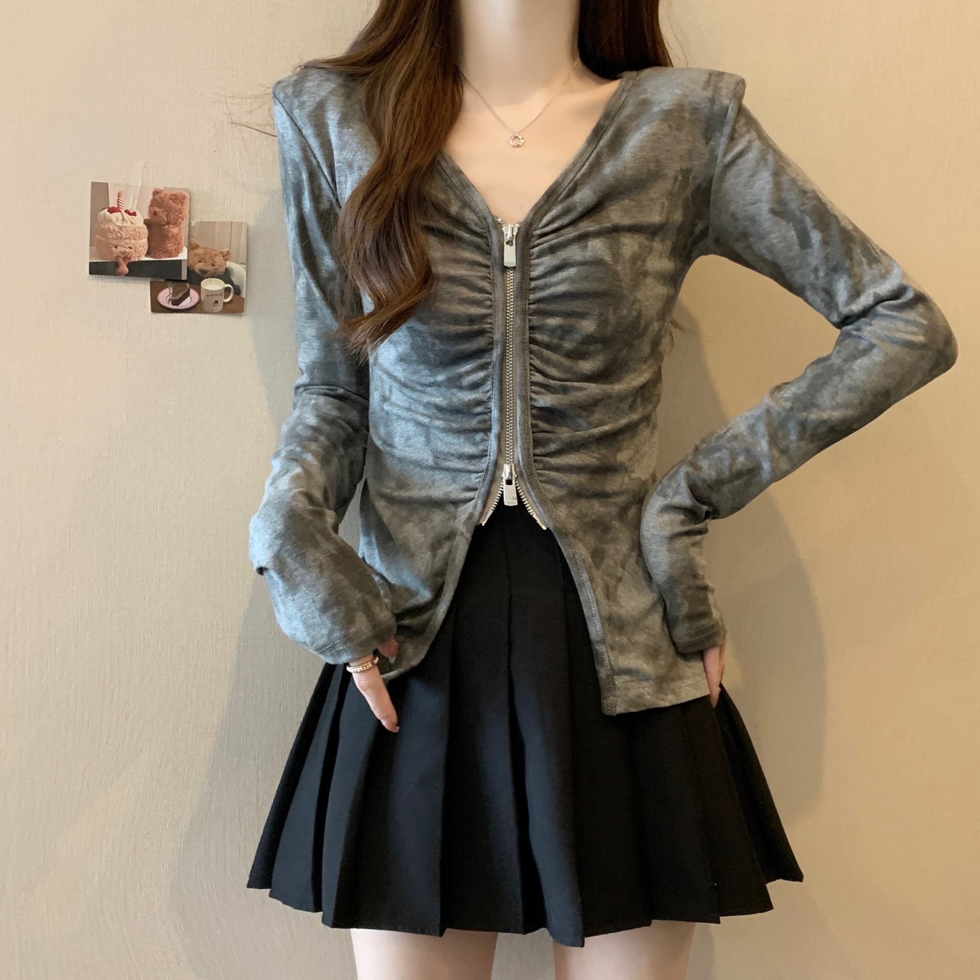 빅 사이즈 가을 의상 V넥 더블 머리 지퍼 슬림해 보이는 트임 불규칙 홀치기 염색 배색 니트 오픈 가디건 맨위 여성 트렌디 상세 이미지 20