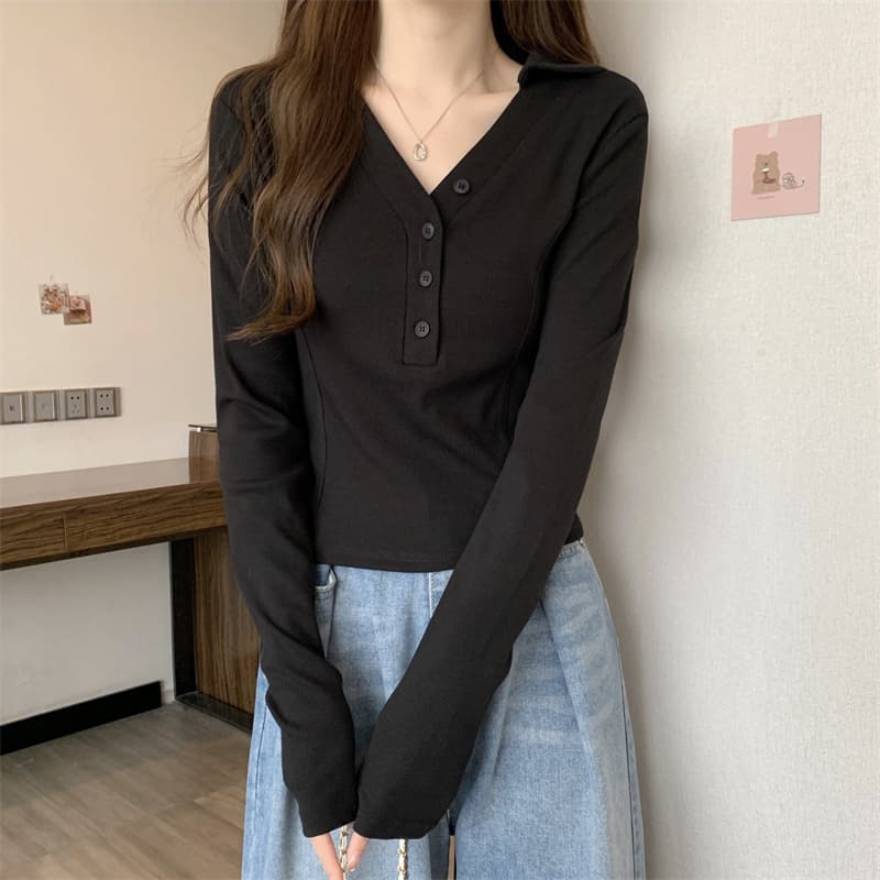 실사 지방 mm 생선뼈 V넥 긍정적 인 어깨 긴팔 티셔츠 허리 수축 표지 배 슬림해 보이는 쇼트 스타일 맨위 상세 이미지 5
