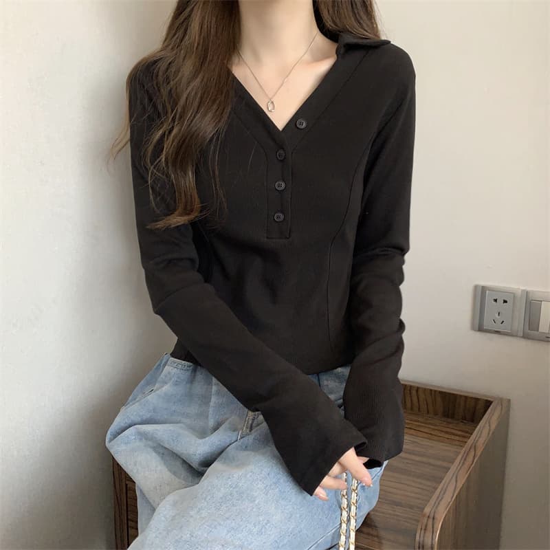 실사 지방 mm 생선뼈 V넥 긍정적 인 어깨 긴팔 티셔츠 허리 수축 표지 배 슬림해 보이는 쇼트 스타일 맨위 상세 이미지 15