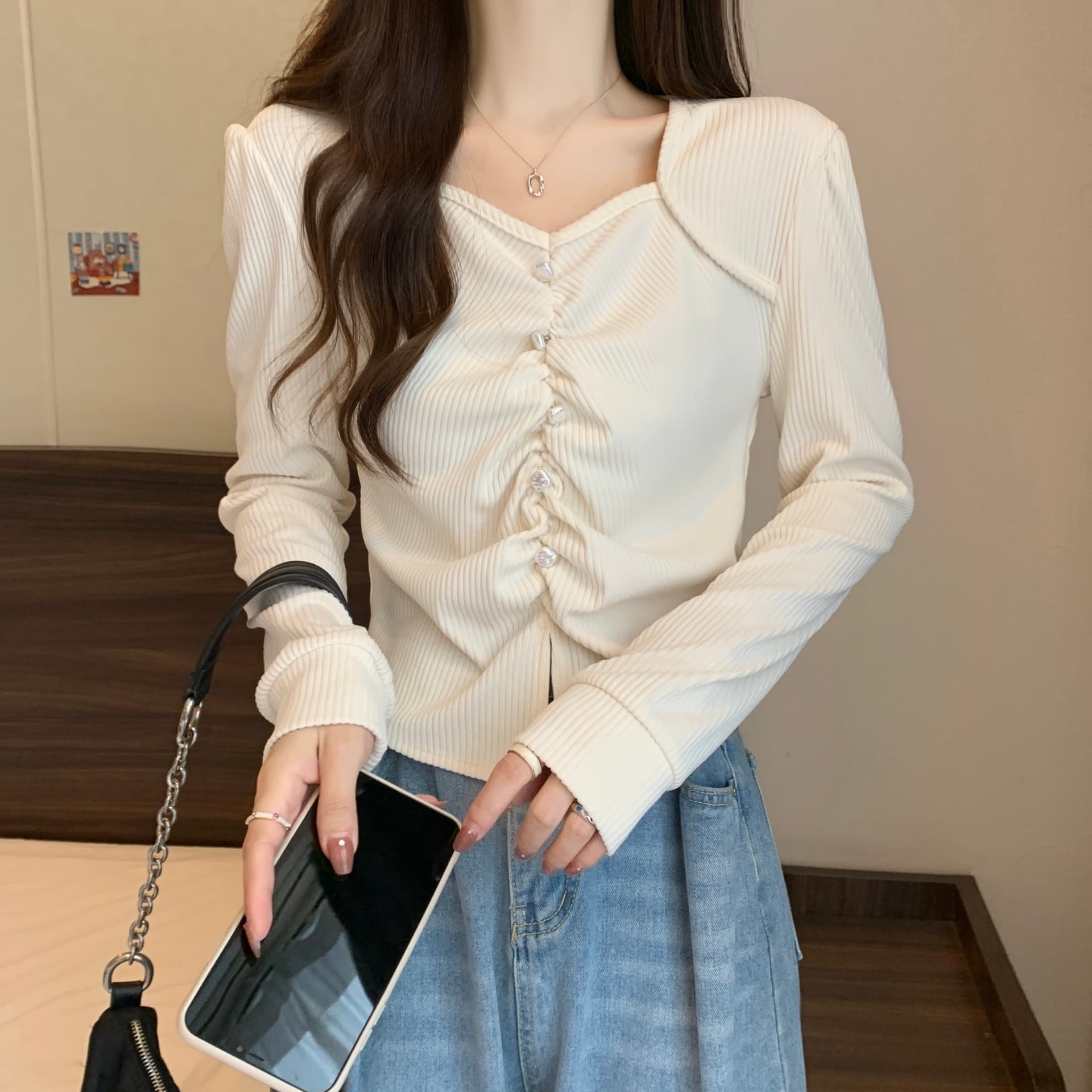 실사 빅 사이즈 새로운 디자인 센스 긍정적 인 어깨 소매 불규칙 주름 비즈 박기 코듀로이 작은 대중 슬림해 보이는 맨위 여성 이미지 4