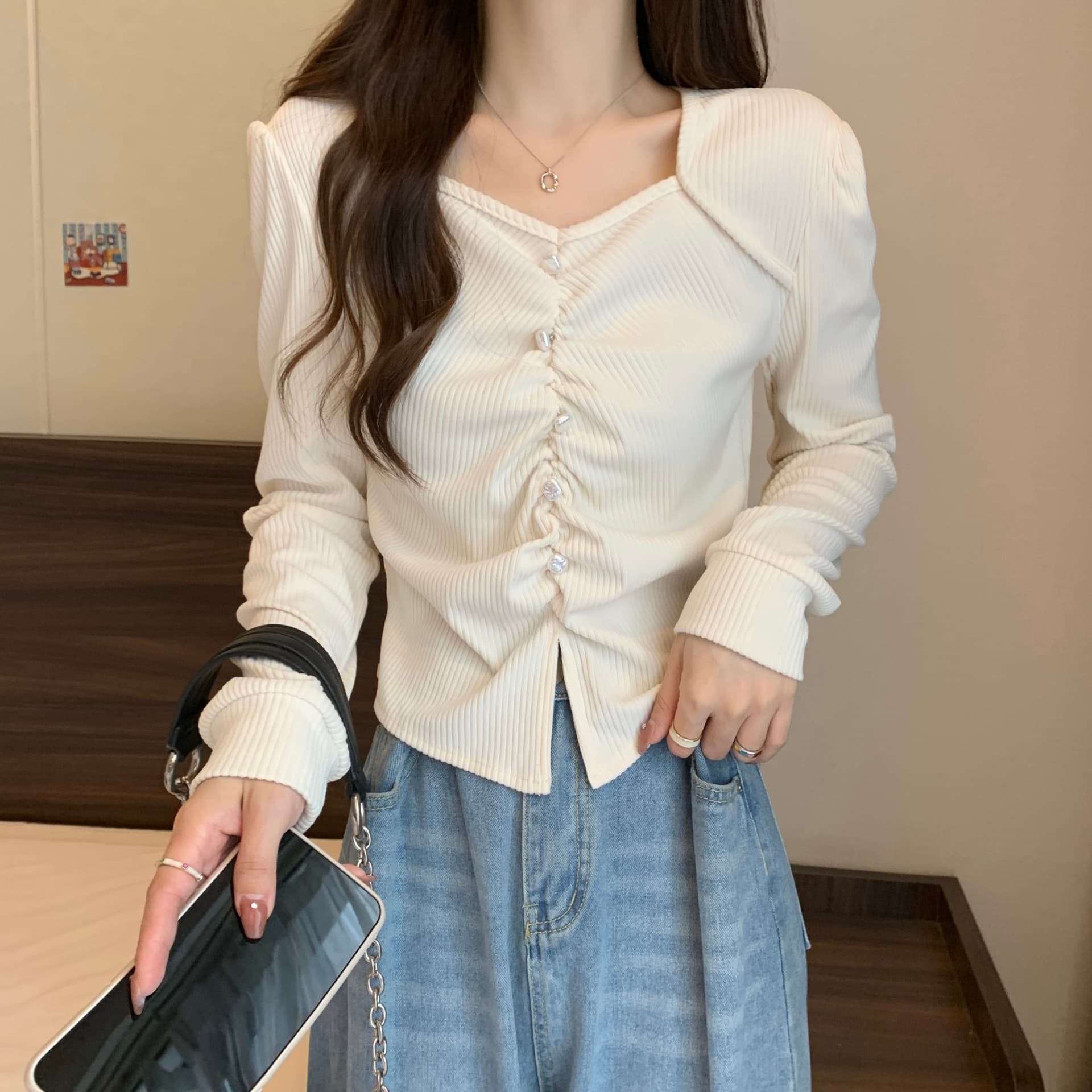 실사 빅 사이즈 새로운 디자인 센스 긍정적 인 어깨 소매 불규칙 주름 비즈 박기 코듀로이 작은 대중 슬림해 보이는 맨위 여성 상세 이미지 17