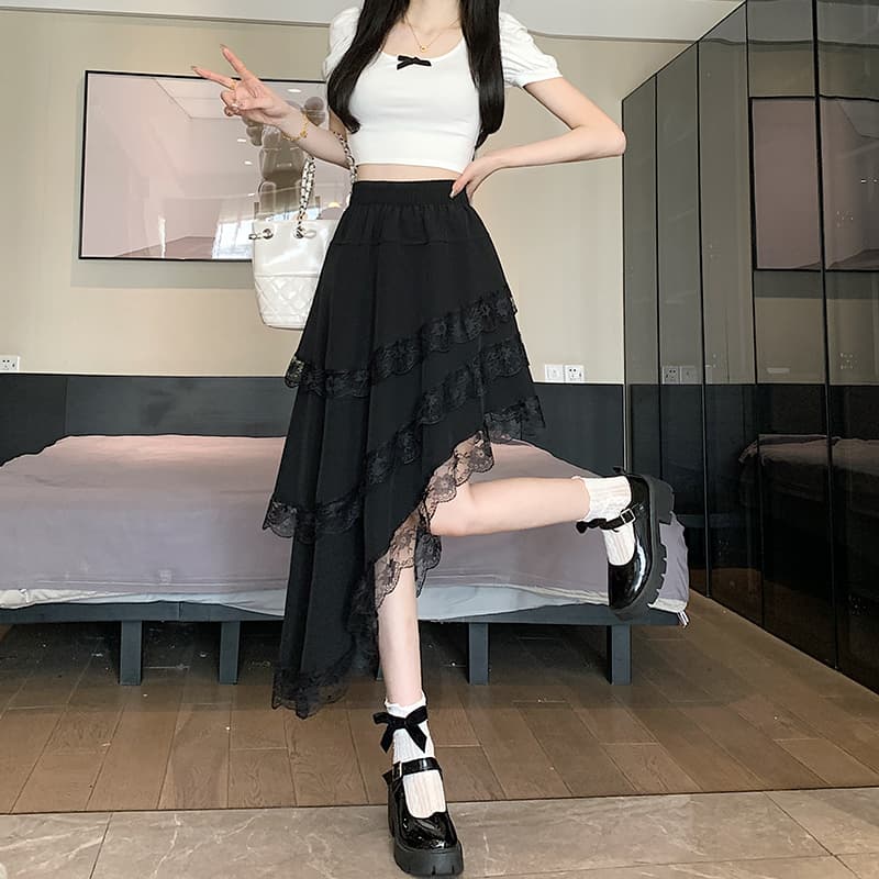 실사 패션 불규칙 레이스 레이스 반신 스커트 여성 봄 여름 프랑스식 디자인 센스 허리밴드 트임 중간 길이 스커트 이미지 3