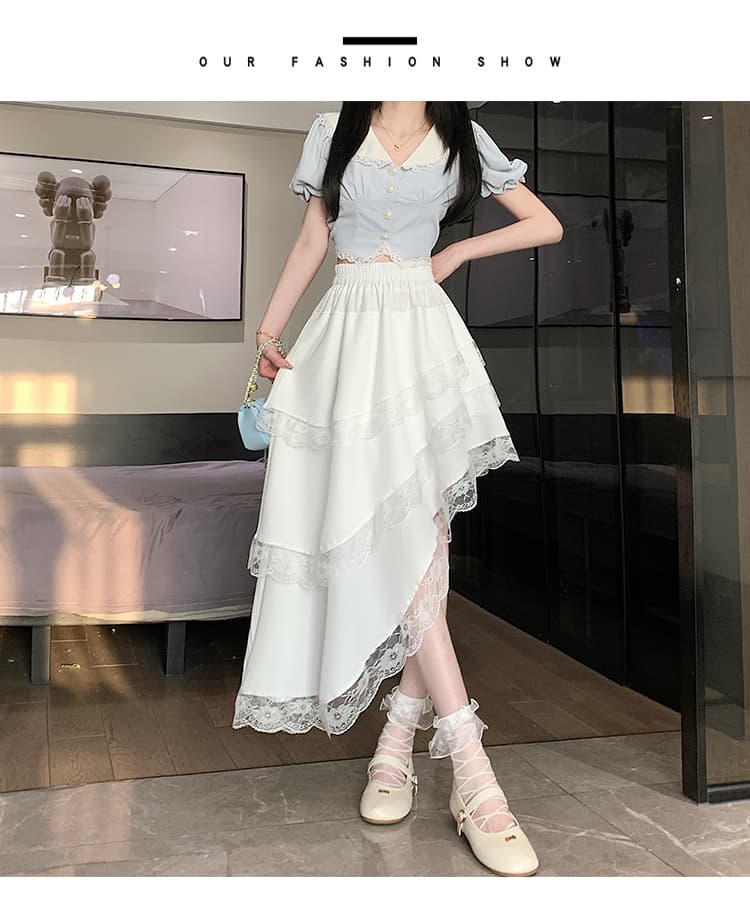 실사 패션 불규칙 레이스 레이스 반신 스커트 여성 봄 여름 프랑스식 디자인 센스 허리밴드 트임 중간 길이 스커트 상세 이미지 16