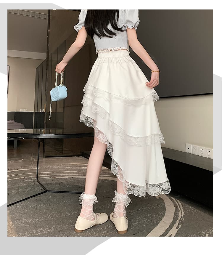 실사 패션 불규칙 레이스 레이스 반신 스커트 여성 봄 여름 프랑스식 디자인 센스 허리밴드 트임 중간 길이 스커트 상세 이미지 21