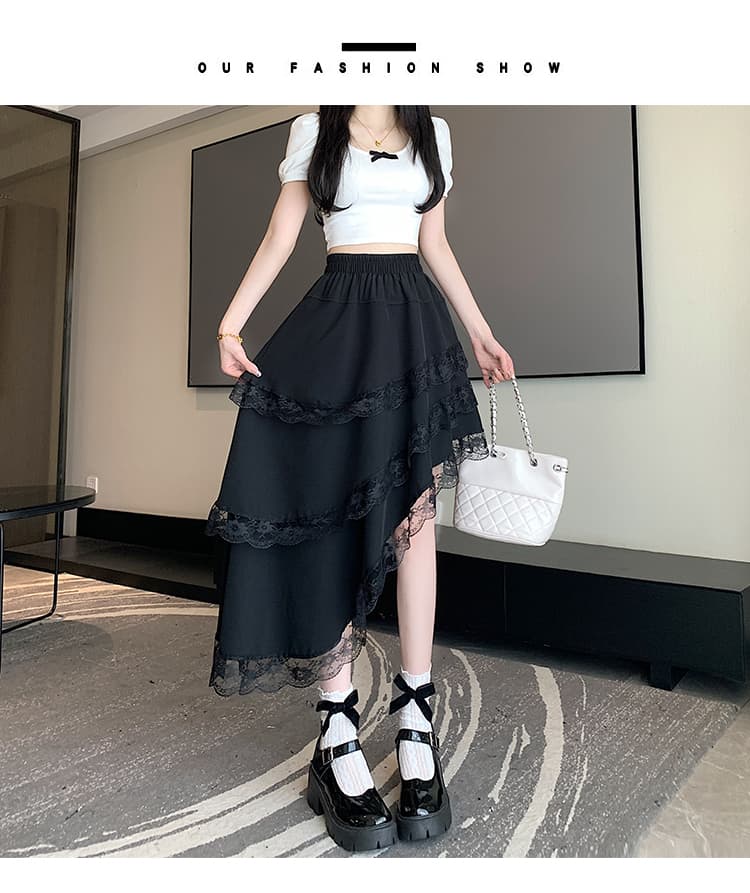 실사 패션 불규칙 레이스 레이스 반신 스커트 여성 봄 여름 프랑스식 디자인 센스 허리밴드 트임 중간 길이 스커트 상세 이미지 24