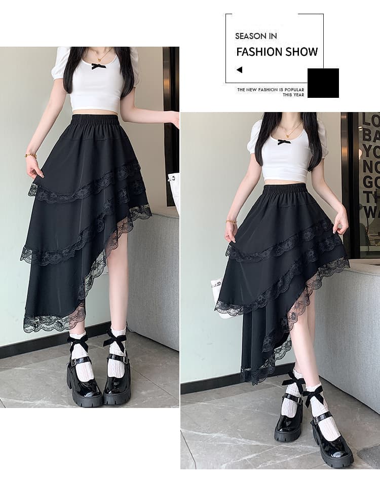 실사 패션 불규칙 레이스 레이스 반신 스커트 여성 봄 여름 프랑스식 디자인 센스 허리밴드 트임 중간 길이 스커트 상세 이미지 25
