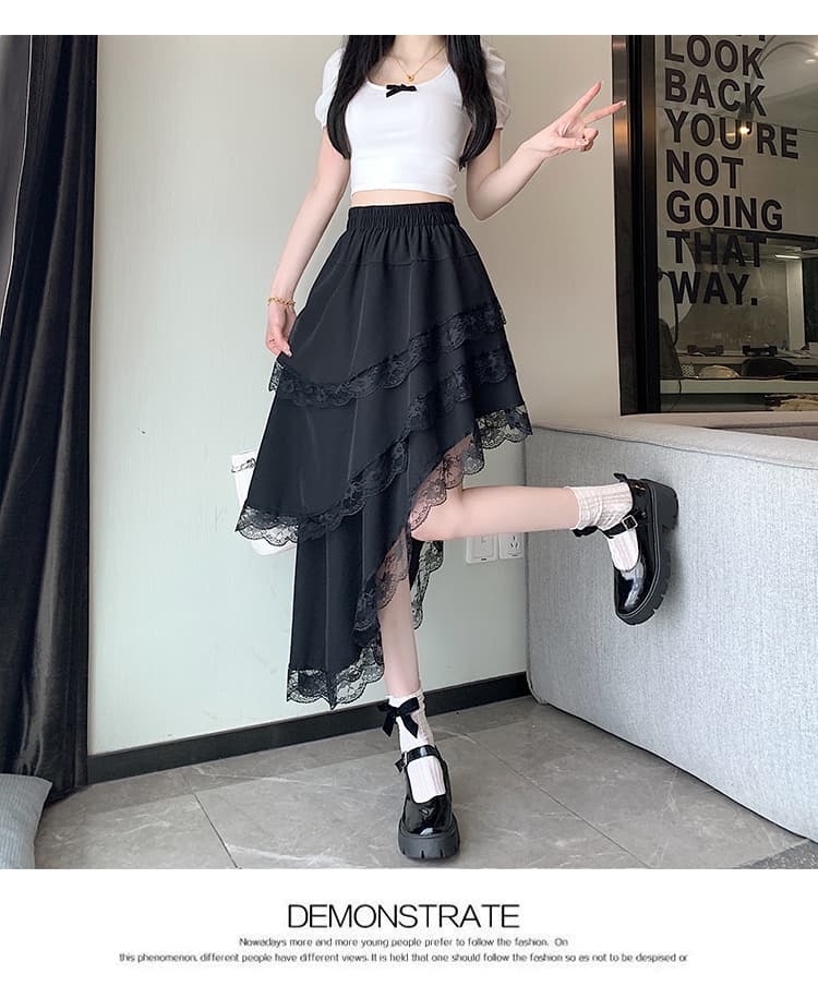실사 패션 불규칙 레이스 레이스 반신 스커트 여성 봄 여름 프랑스식 디자인 센스 허리밴드 트임 중간 길이 스커트 상세 이미지 26