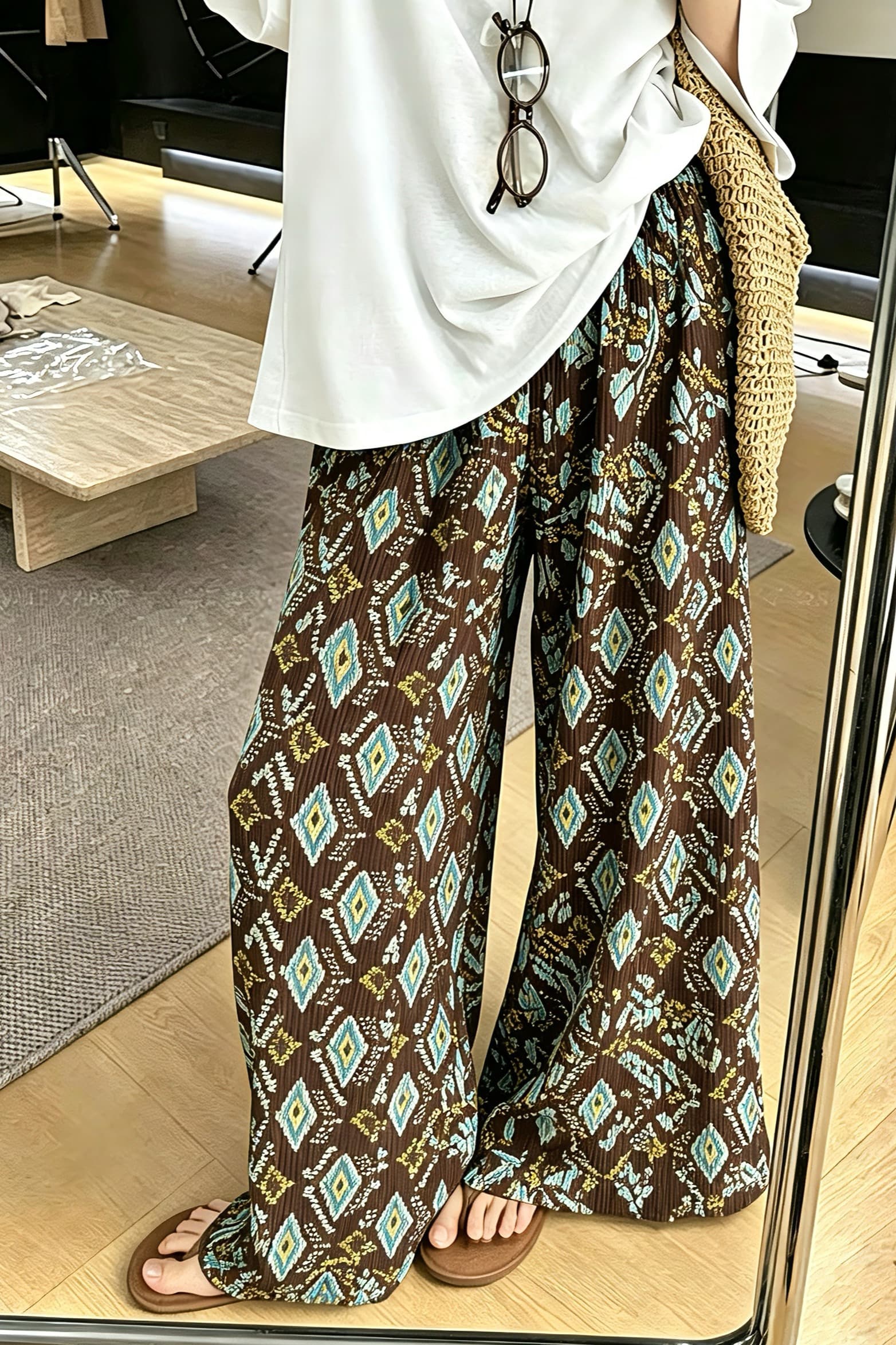실사 기하학 플리츠 와이드 레깅스 바지 2026 여름 새로운 레트로 하이웨이스트 느긋한 바람 미니멀리즘 캐주얼 긴 바지 이미지 7