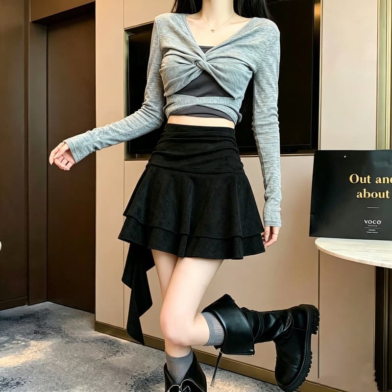실사 디자인 센스 가을 겨울 레트로 사슴 캐시미어 불규칙 프릴 한 마디 반신 스커트 리본 주름 장식 미니 스커트 이미지 2