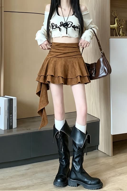 실사 디자인 센스 가을 겨울 레트로 사슴 캐시미어 불규칙 프릴 한 마디 반신 스커트 리본 주름 장식 미니 스커트 이미지 6