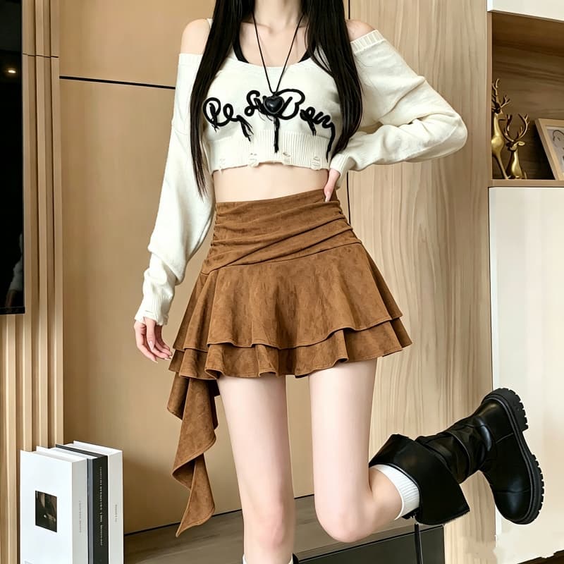 실사 디자인 센스 가을 겨울 레트로 사슴 캐시미어 불규칙 프릴 한 마디 반신 스커트 리본 주름 장식 미니 스커트 상세 이미지 4