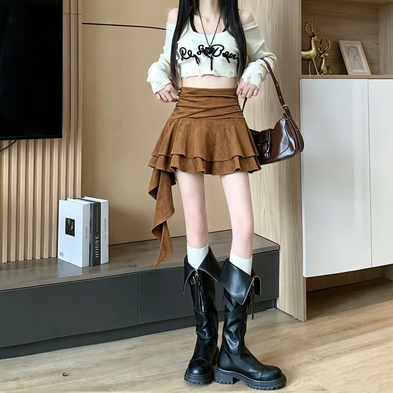 실사 디자인 센스 가을 겨울 레트로 사슴 캐시미어 불규칙 프릴 한 마디 반신 스커트 리본 주름 장식 미니 스커트 상세 이미지 7