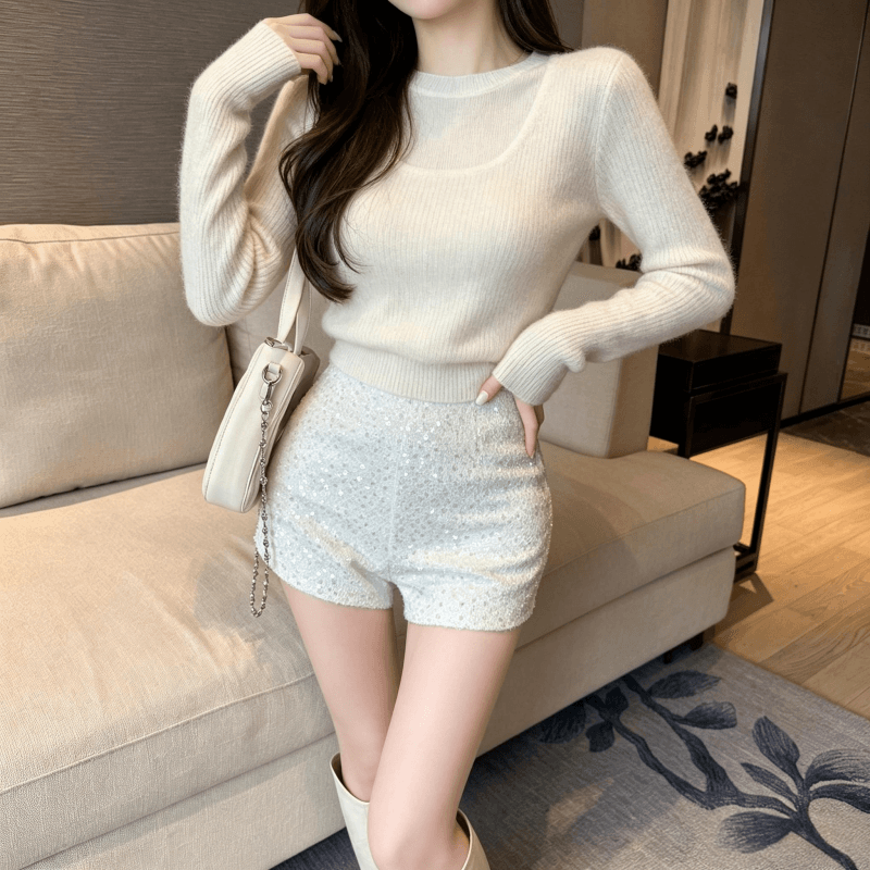 실사 달콤한 부서 천 골드 핑크색 스팽글 작은 샤넬 스타일 반바지 가을 겨울 새로운 하이웨이스트 슬림해 보이는 한 마디 와이드 레그 팬츠 외출용 상세 이미지 3
