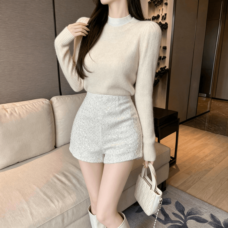 실사 달콤한 부서 천 골드 핑크색 스팽글 작은 샤넬 스타일 반바지 가을 겨울 새로운 하이웨이스트 슬림해 보이는 한 마디 와이드 레그 팬츠 외출용 상세 이미지 6
