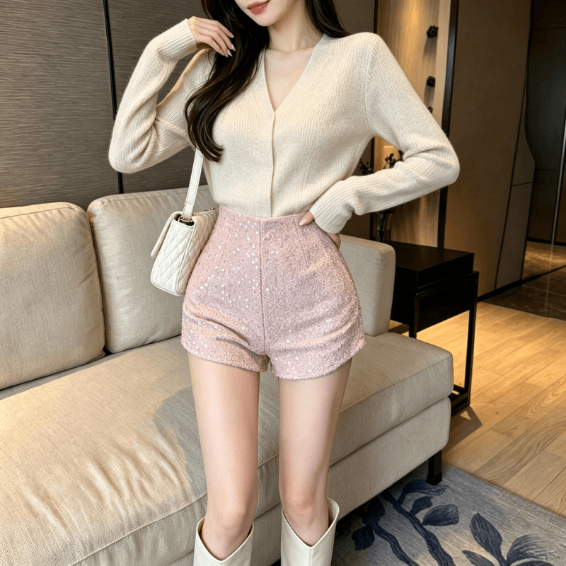 실사 달콤한 부서 천 골드 핑크색 스팽글 작은 샤넬 스타일 반바지 가을 겨울 새로운 하이웨이스트 슬림해 보이는 한 마디 와이드 레그 팬츠 외출용 상세 이미지 13
