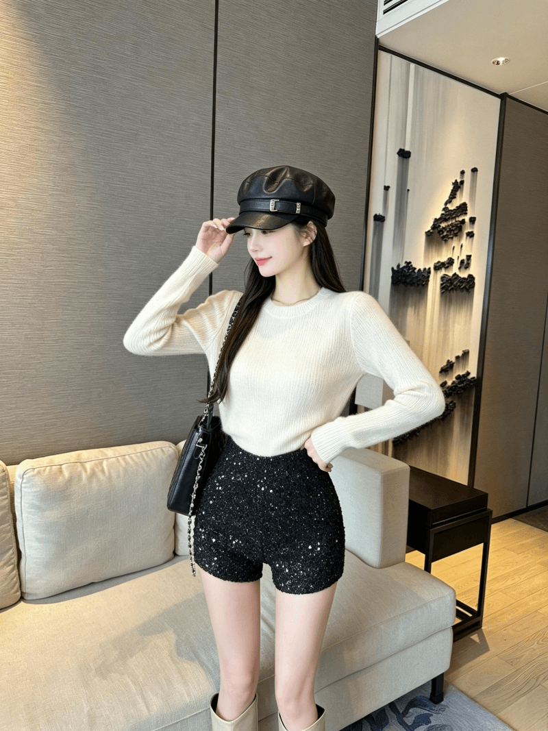 실사 달콤한 부서 천 골드 핑크색 스팽글 작은 샤넬 스타일 반바지 가을 겨울 새로운 하이웨이스트 슬림해 보이는 한 마디 와이드 레그 팬츠 외출용 상세 이미지 21