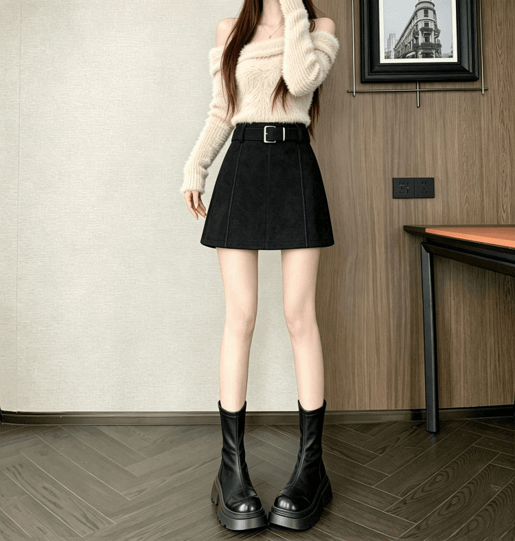 실사 레트로 스웨이드 원단 반신 스커트 여성 가을 겨울 새로운 하이웨이스트 한 마디 미니 스커트 작은 키 노출 방지 타이트 스커트 상세 이미지 21