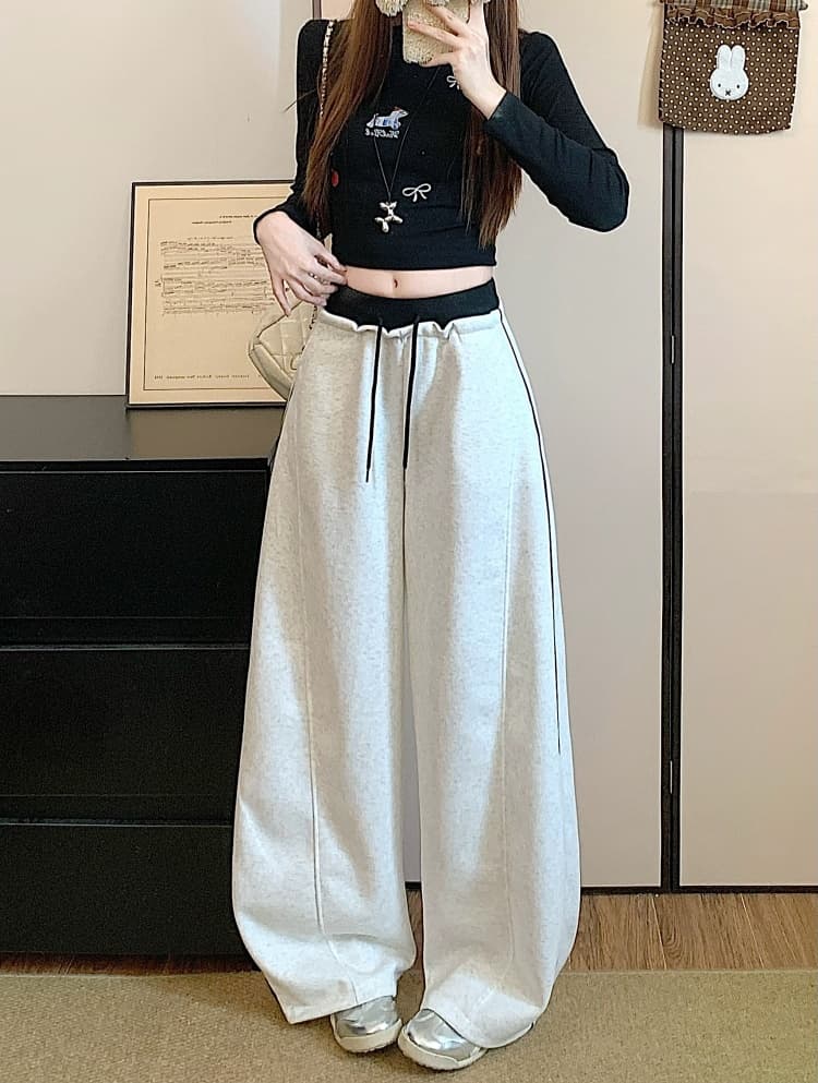 실사 느긋한 하이웨이스트 모통이 칼 웨이 바지 여성 가을 배색 와이드 레그 팬츠 루즈핏 다용도 스트레이트 바닥 청소 캐주얼 바지 상세 이미지 1
