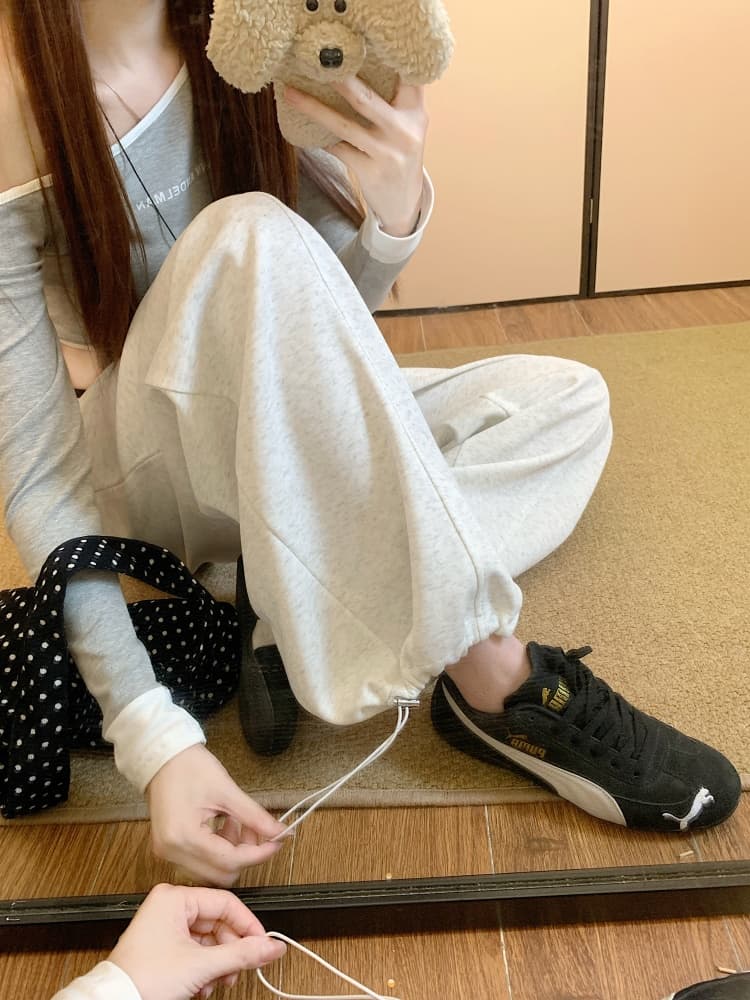 실사 밝은 회색 색상 한 부서 도루 센스 모통이 칼 바지 여성 가을 새로운 하이웨이스트 슬림해 보이는 와이드 레그 팬츠 스트레이트 운동 바지 상세 이미지 11