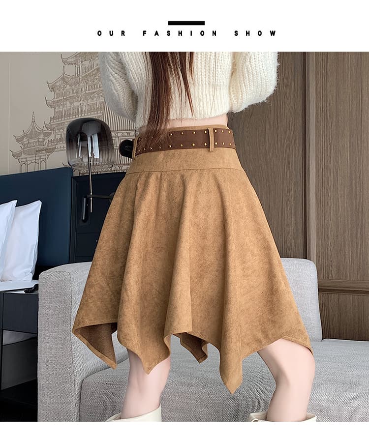 실사 스웨이드 원단 불규칙 반신 미니 스커트 여성 가을 겨울 하이웨이스트 큰 진자 한 마디 우산 치마 표지 넓적 다리 슬림해 보이는 반신 스커트 상세 이미지 28