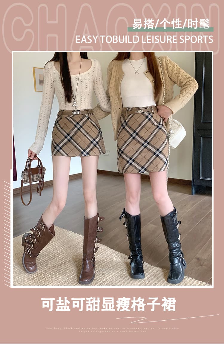 실사 카키 체크무늬 모직 미니 스커트 여성 가을 겨울 하이웨이스트 한 마디 표지 넓적 다리 슬림해 보이는 타이트 스커트 중간 길이 반신 치마 상세 이미지 1